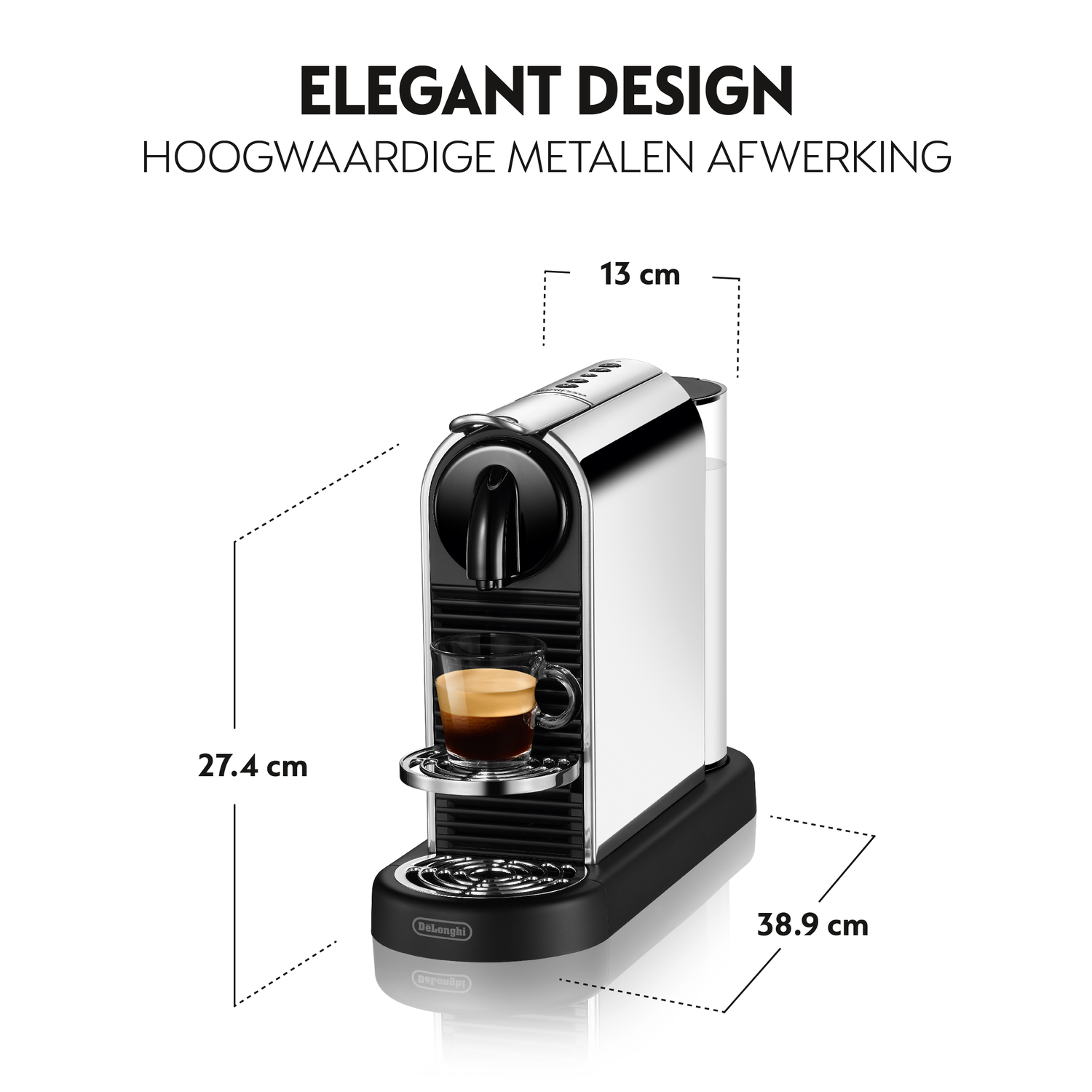 Silver and black coffee machine. Dimensions and a glass of coffee are shown.