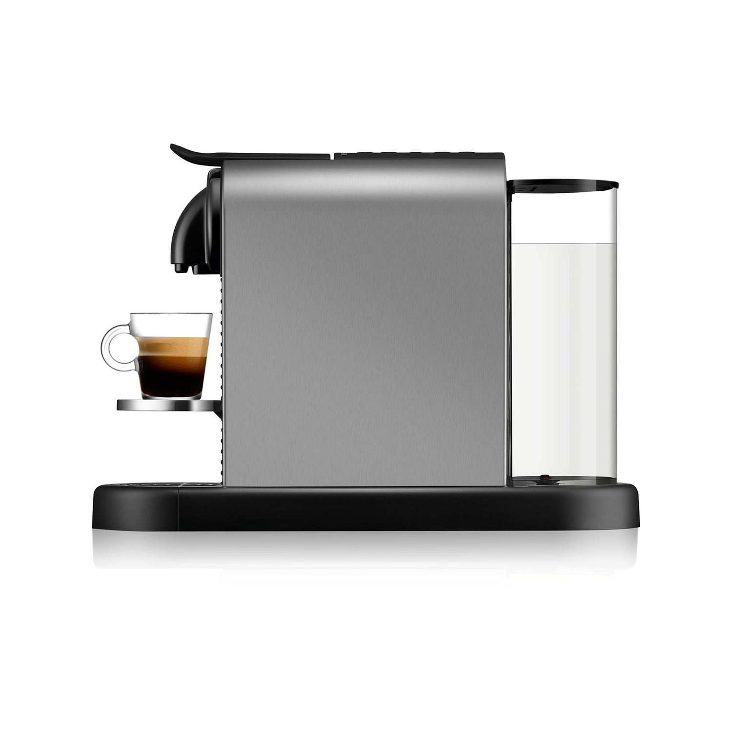 Silver espresso machine with a glass cup and a water container.