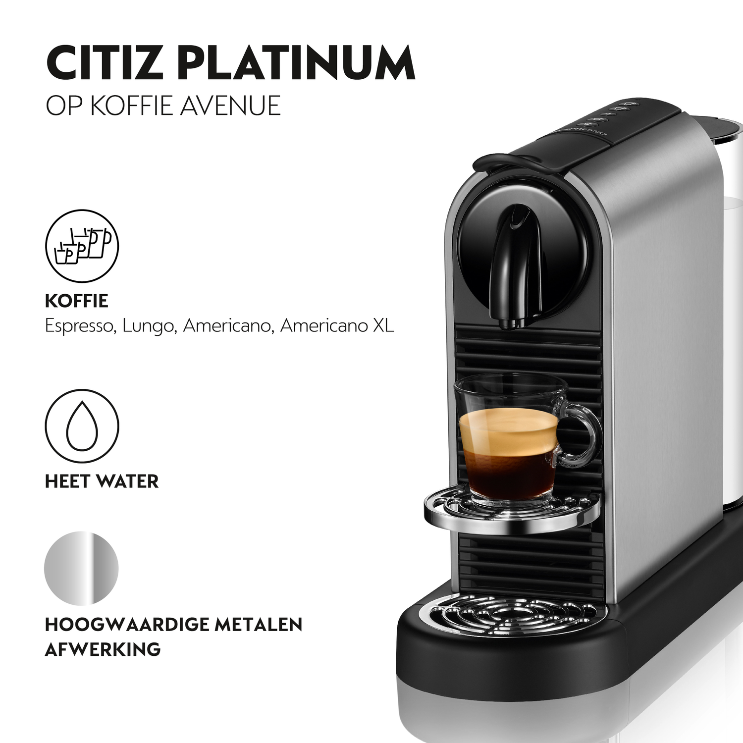 Silver and black espresso machine with a glass cup of coffee. Text: Citiz Platinum.