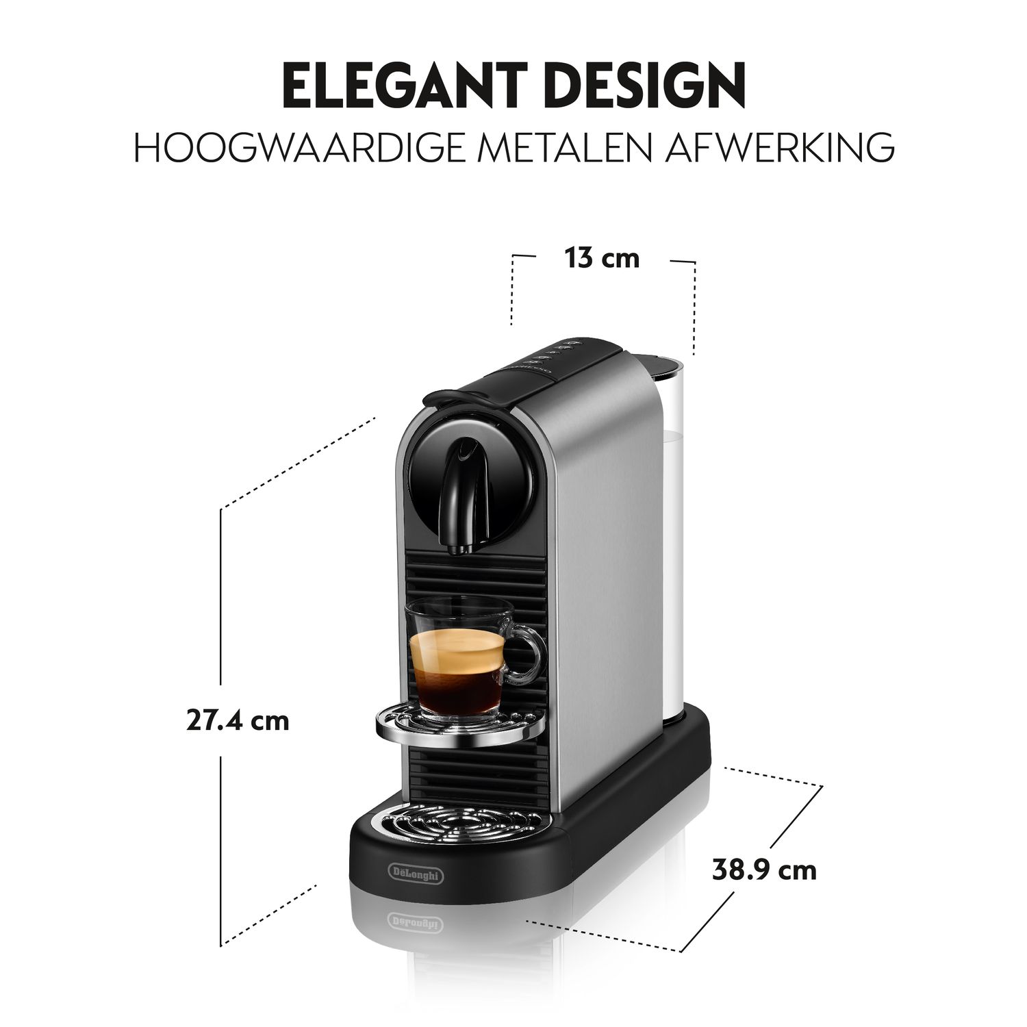 Silver and black espresso machine with a glass of coffee. Dimensions shown.
