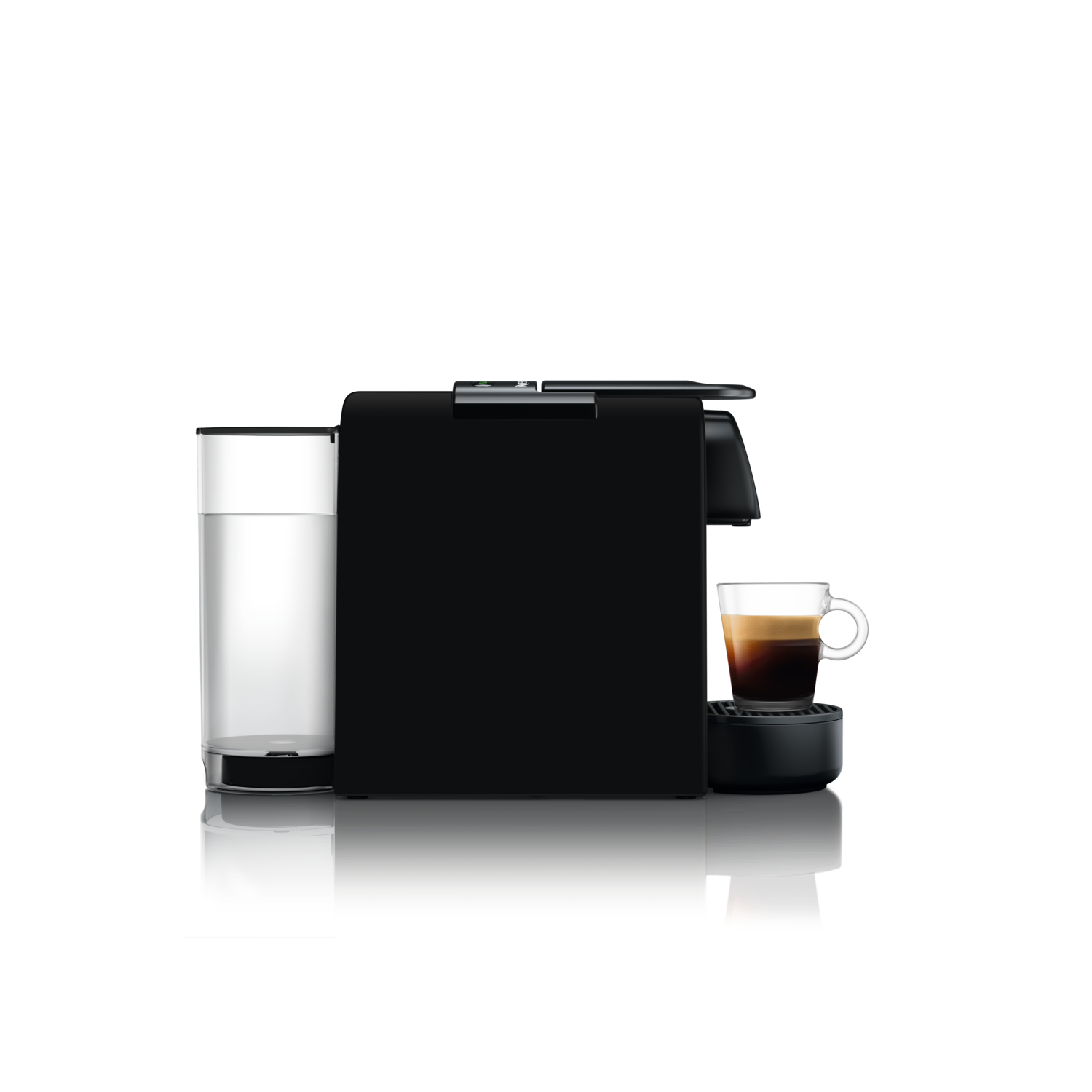 Black espresso machine with a glass cup filled with espresso.