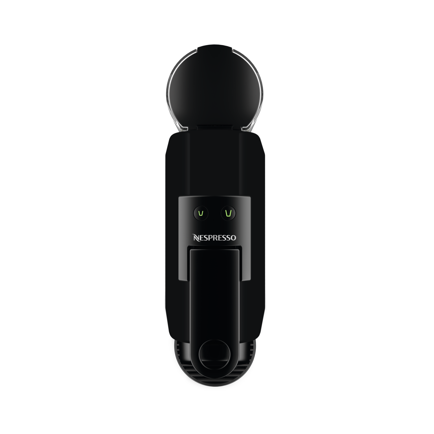 Black Nespresso machine from above, on a black background.