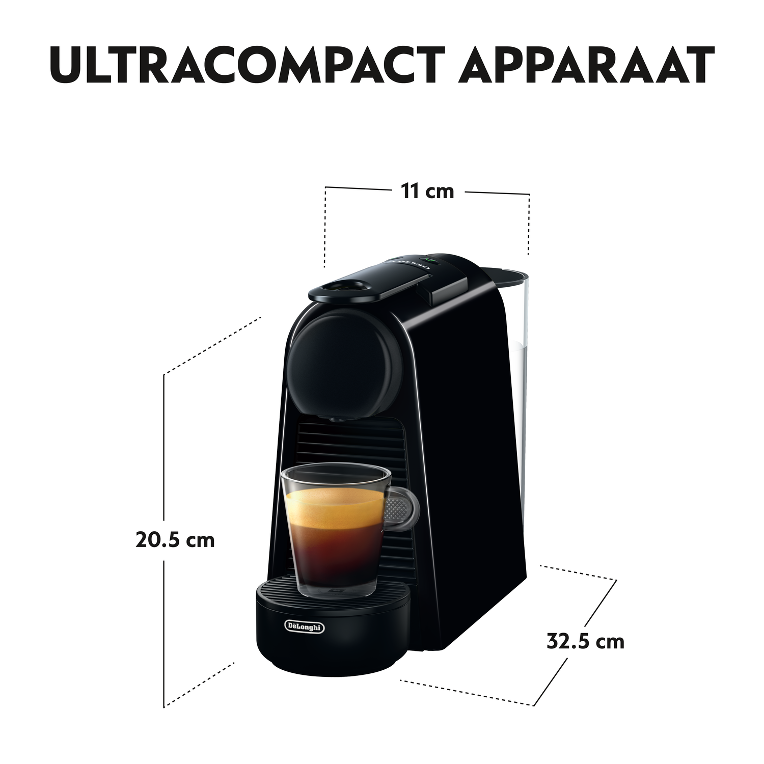 Black coffee machine with a glass of coffee, dimensions shown, and text.