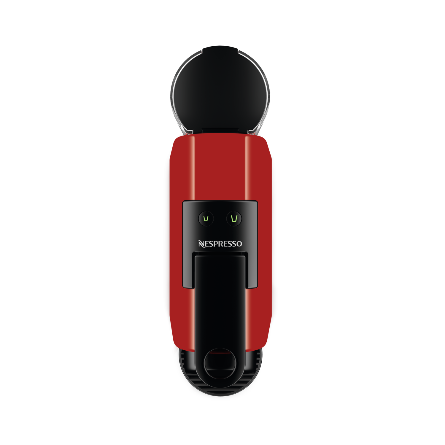 Rode Nespresso koffiemachine, bovenaanzicht. Zwarte bovenkant, logo en knoppen zichtbaar.