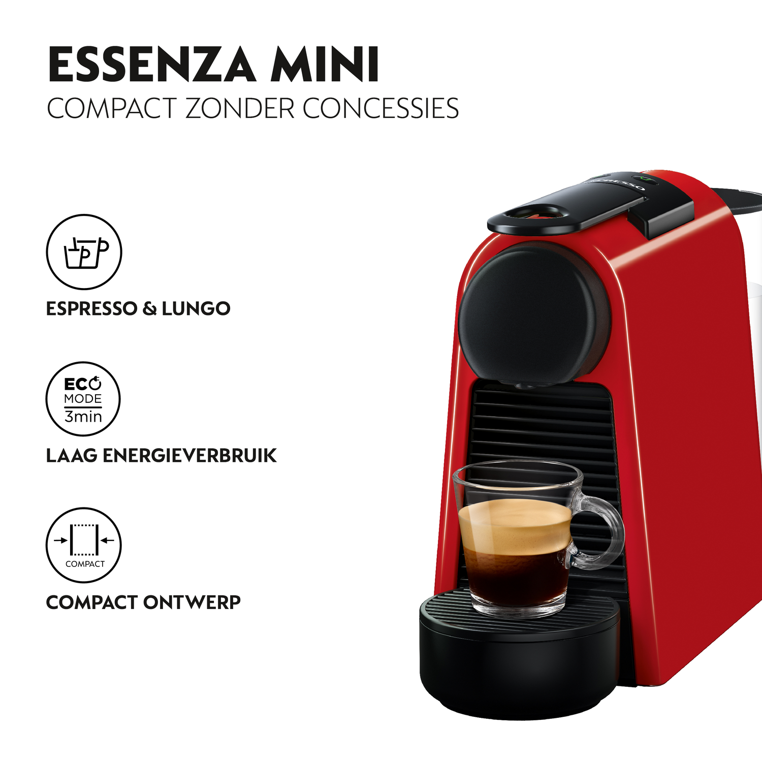 Een rode Nespresso Essenza Mini koffiemachine met een kopje espresso en productdetails.
