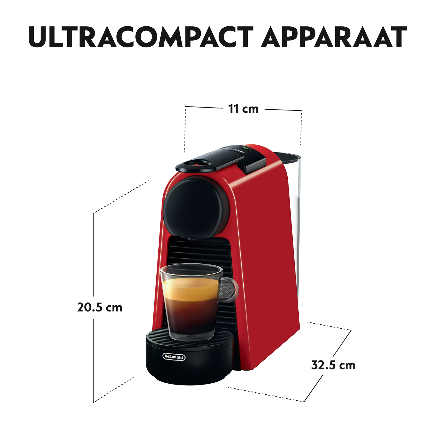 Rode koffiemachine met een glas, met afmetingen en de tekst 'ULTRACOMPACT APPARAAT'.