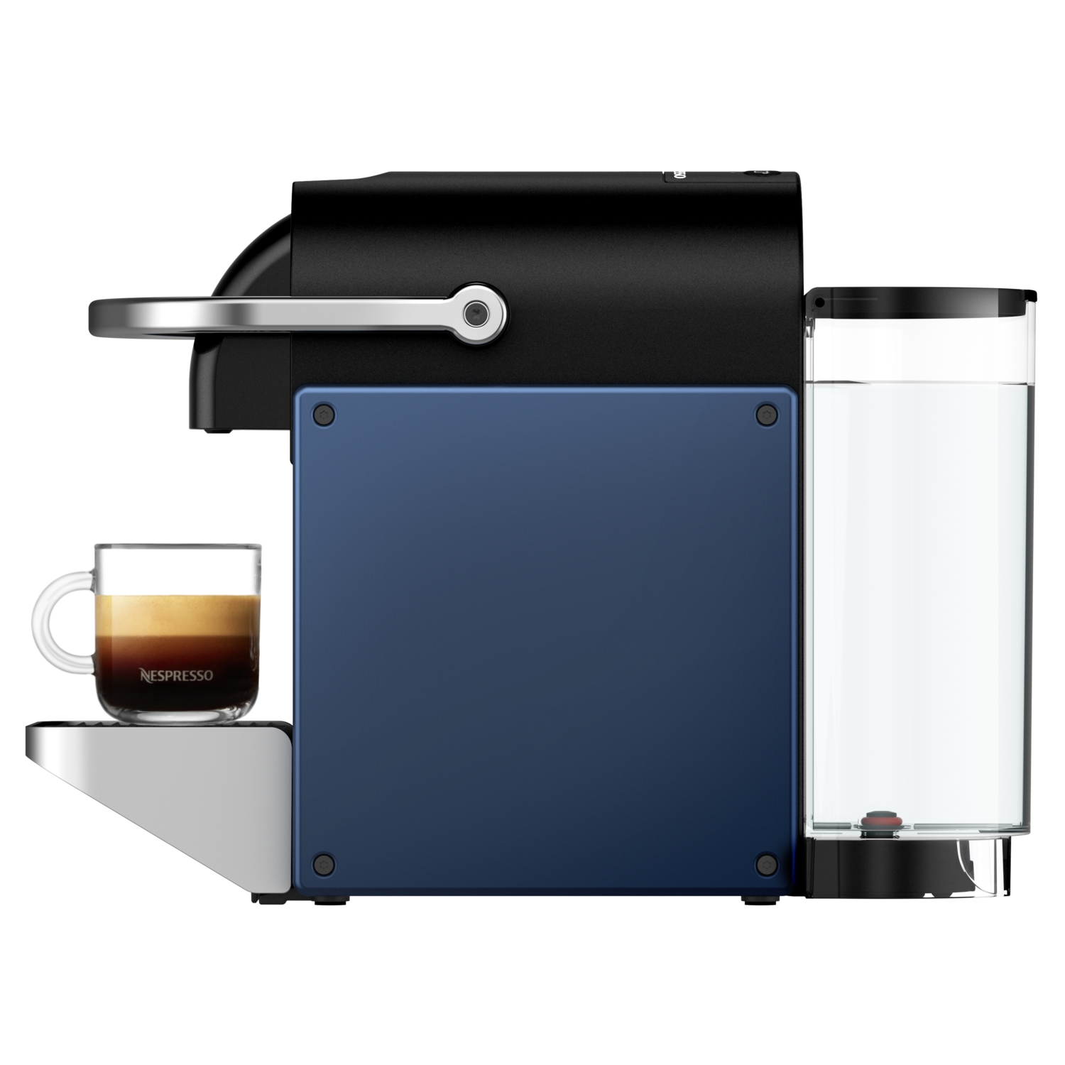 An orange and black Nespresso coffee machine with dimensions and a cup.