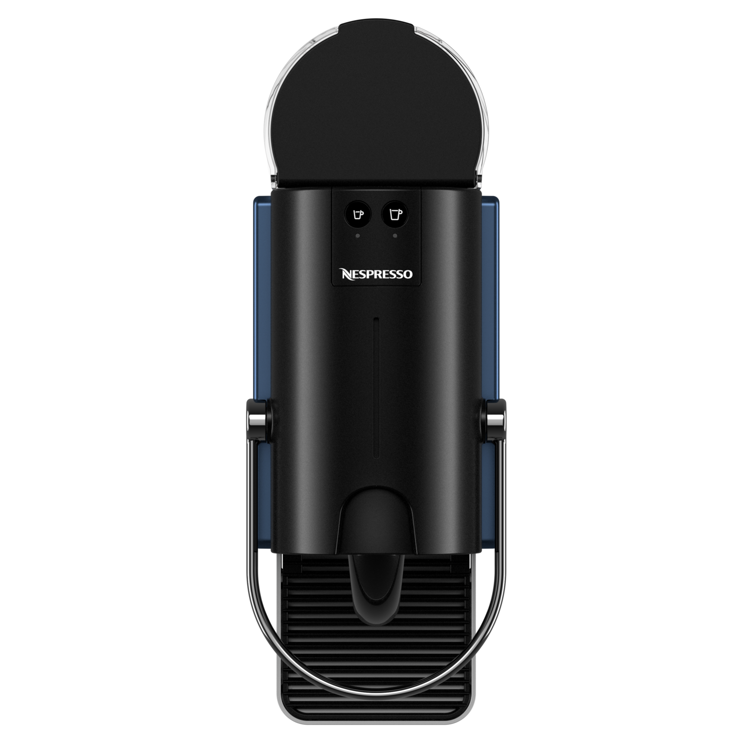Top view of a black and blue Nespresso machine with a water tank and two coffee buttons.