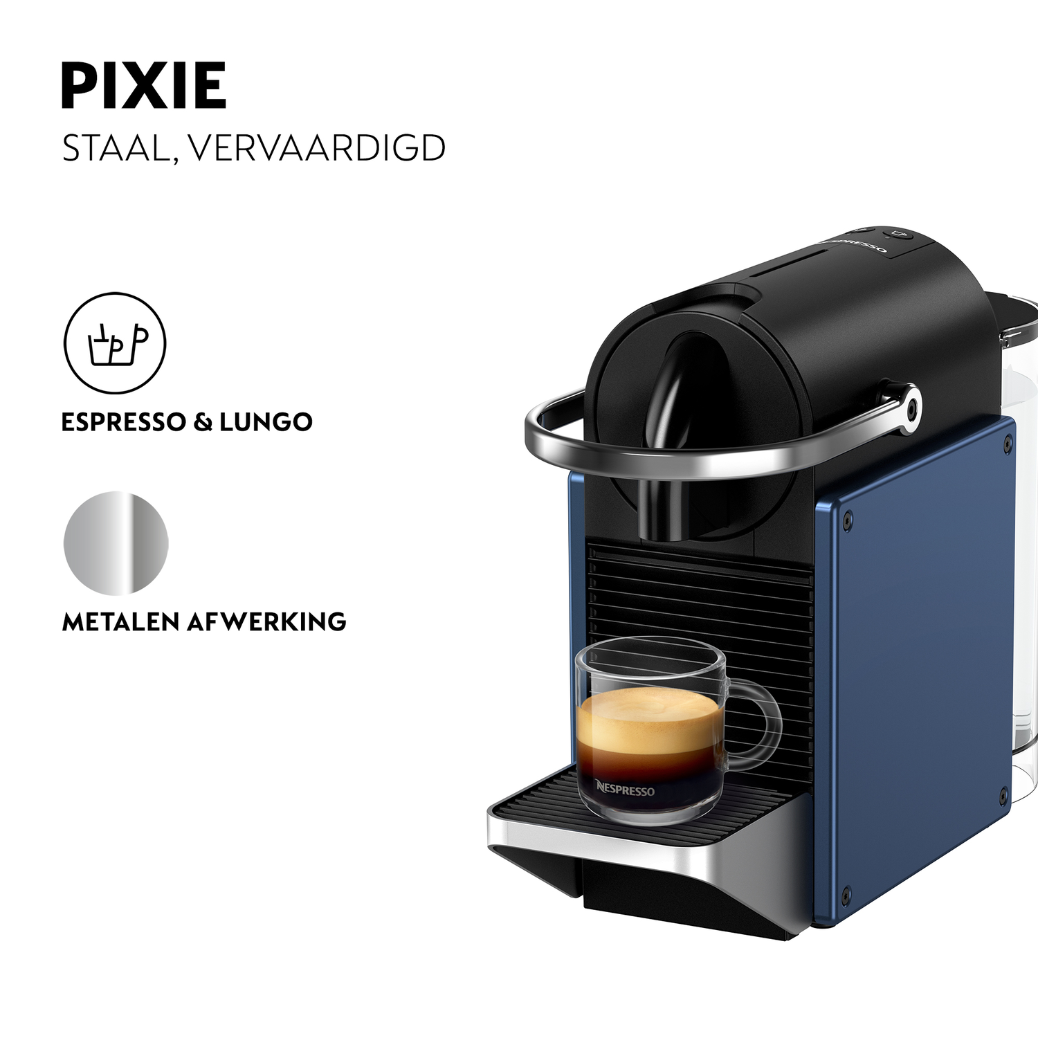 Blue and black Nespresso machine with a glass of coffee.