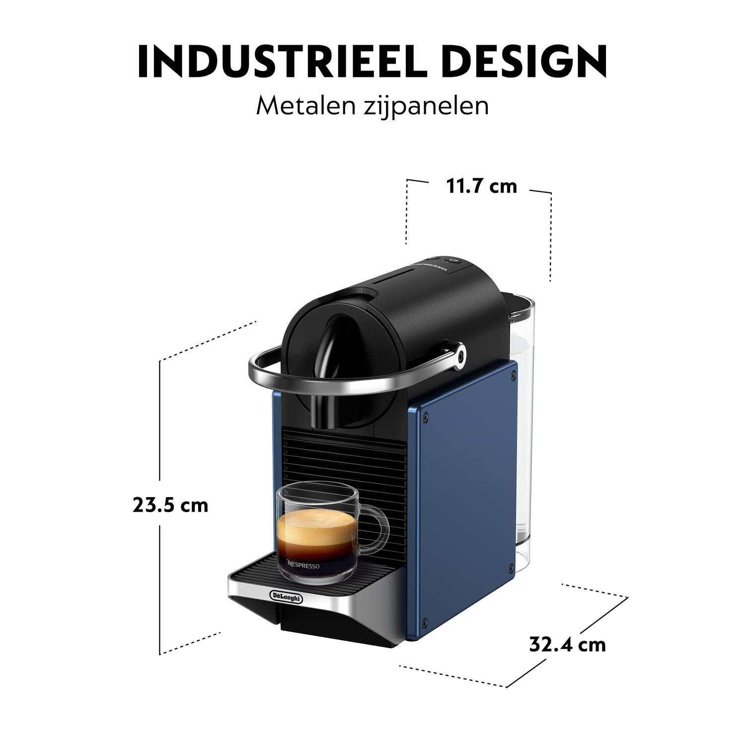 Blue and black espresso machine with a glass cup of coffee. Dimensions are listed.
