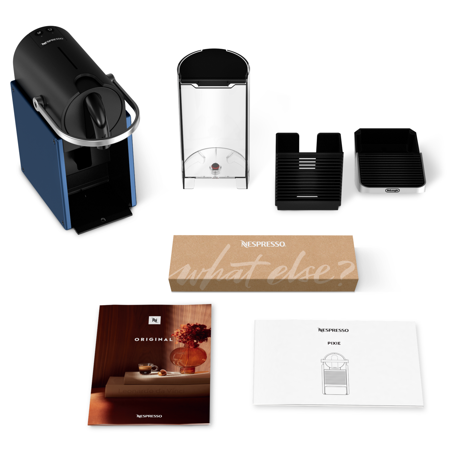 Nespresso Pixie coffee machine and accessories arranged on a black background.