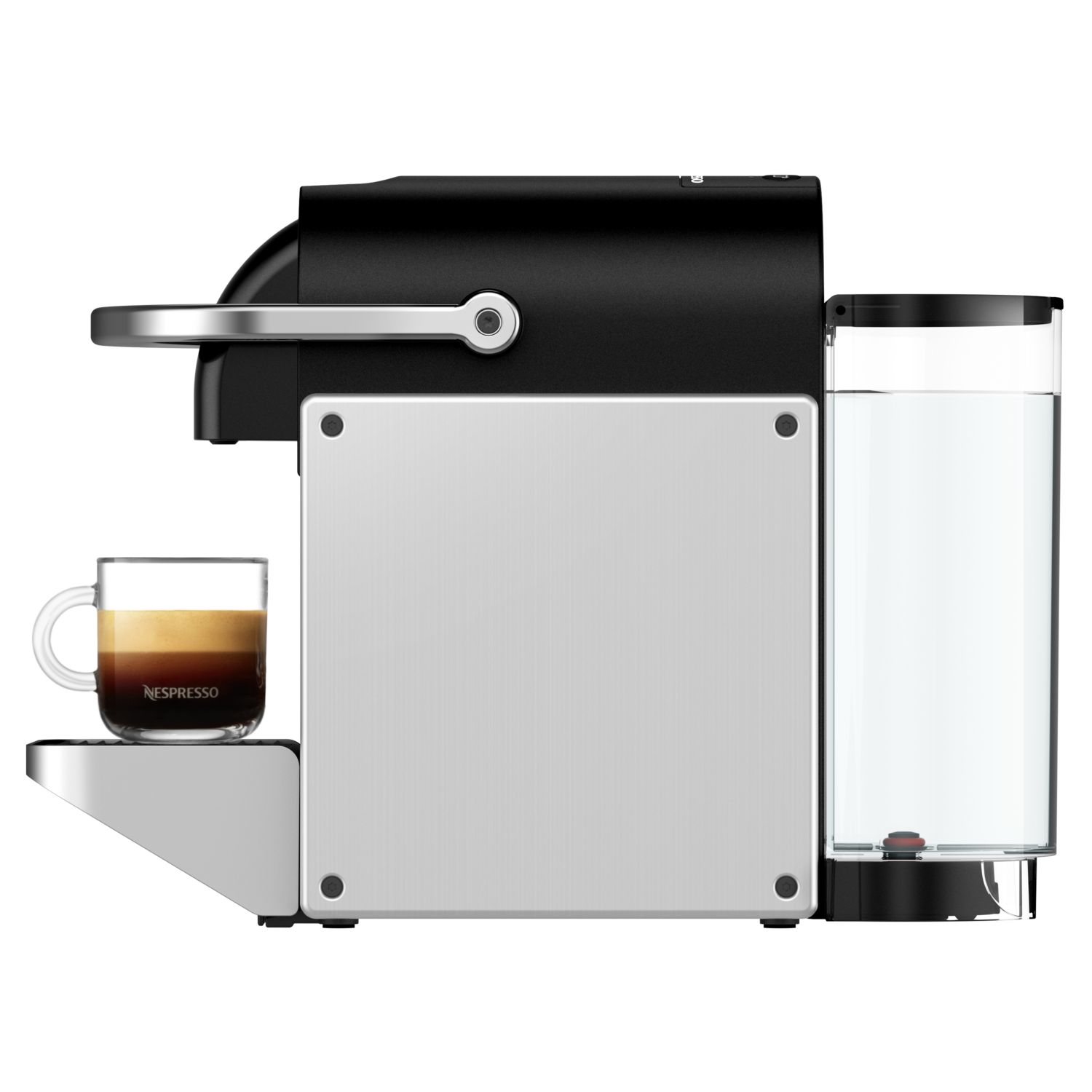 A black and silver Nespresso coffee machine with a glass cup on a shelf and a water tank.