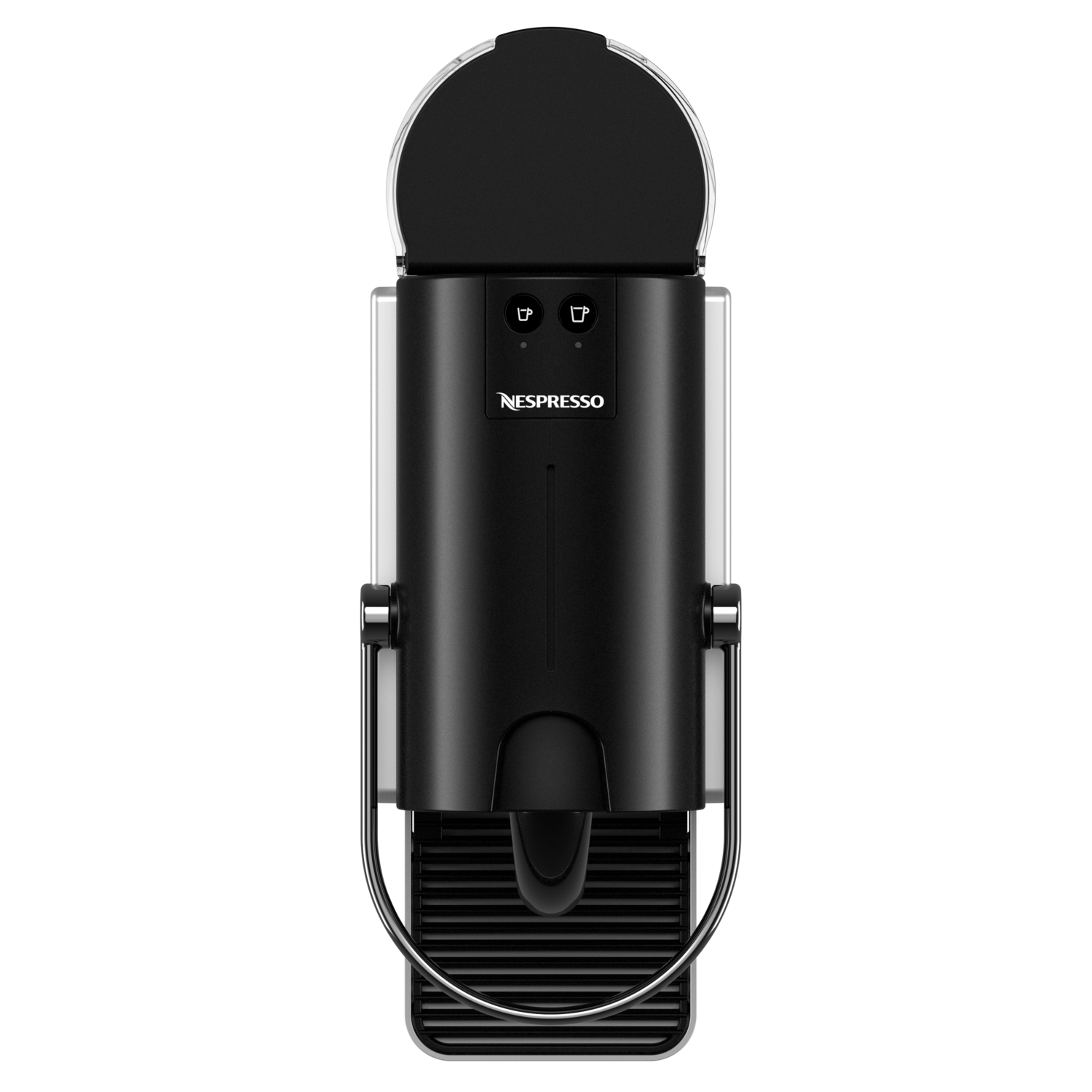 A black and silver Nespresso coffee machine, top-down view.