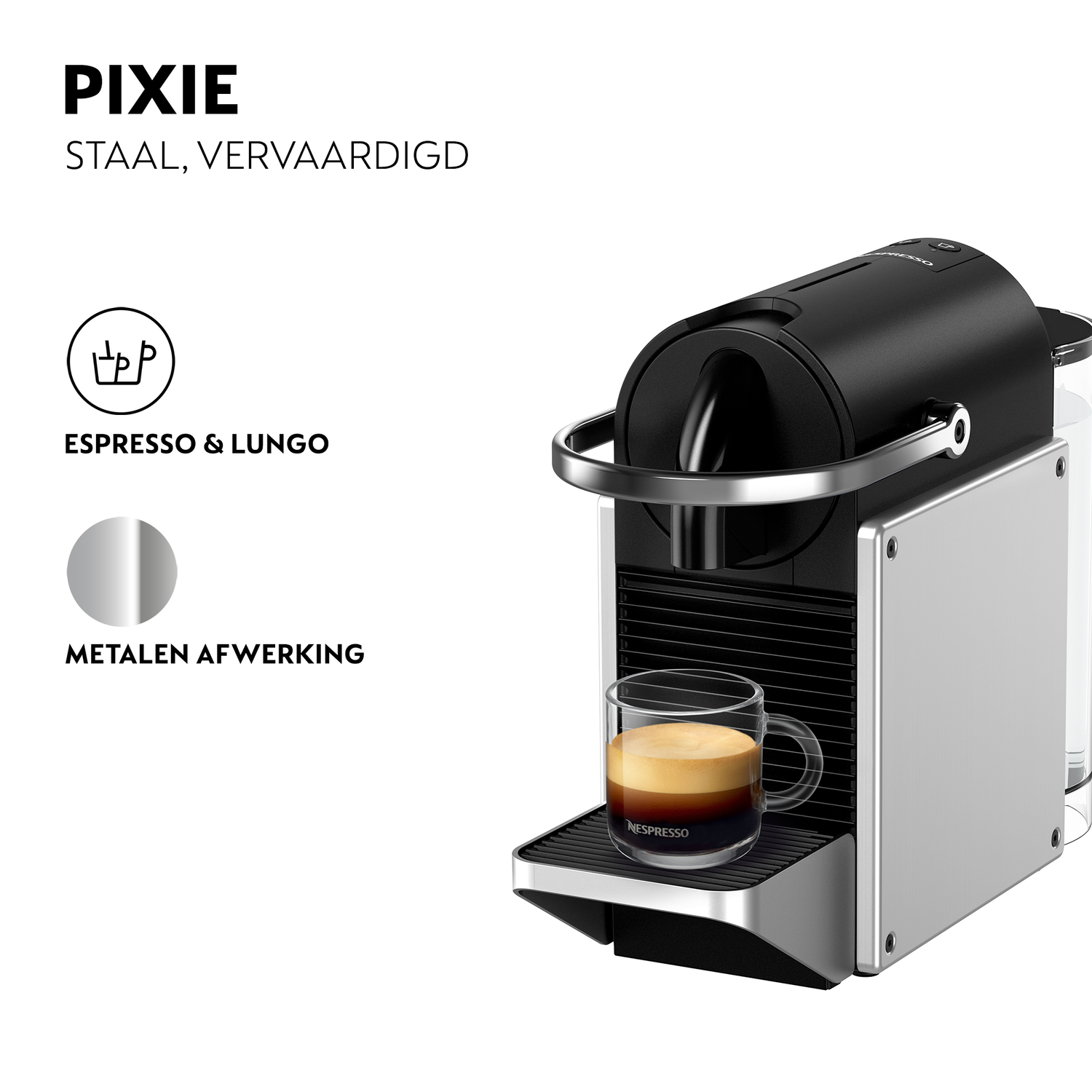 Silver and black Nespresso machine with a glass of coffee. Text: Pixie.