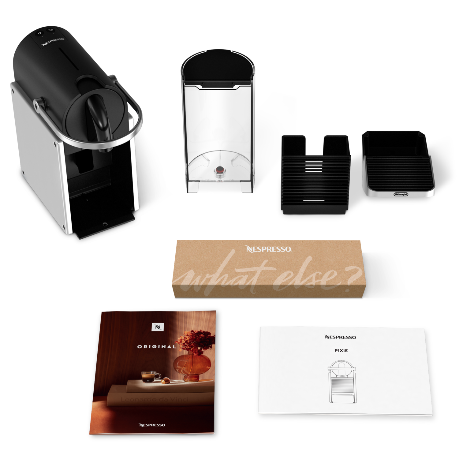 Various parts of a black and silver Nespresso coffee machine are displayed.