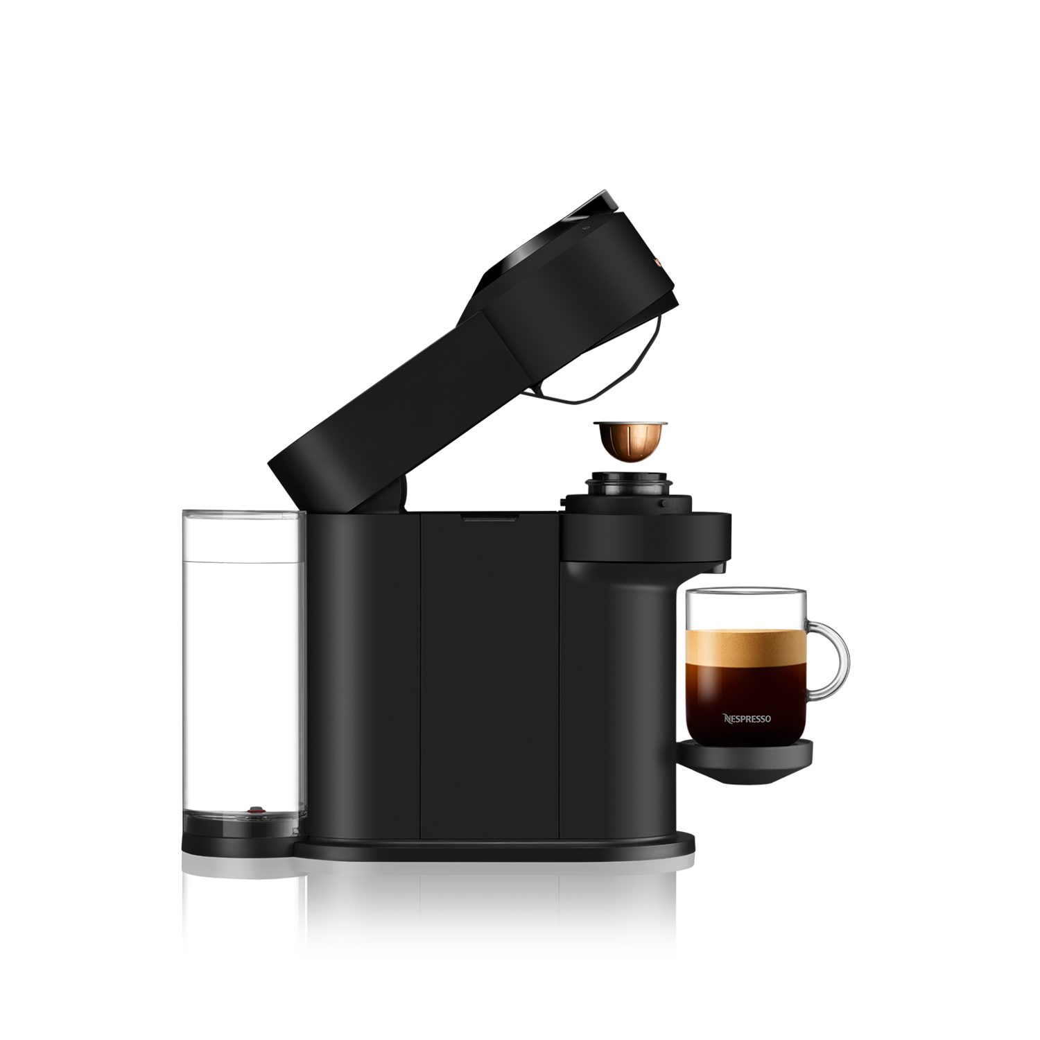 Black Nespresso machine with an open top and a cup of coffee.