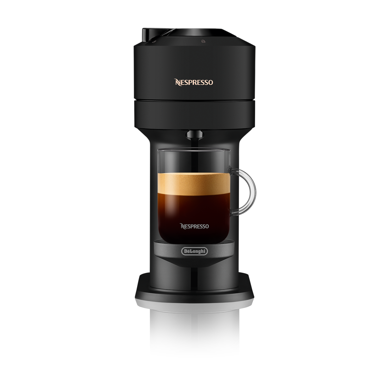 Black Nespresso machine with a cup of coffee.