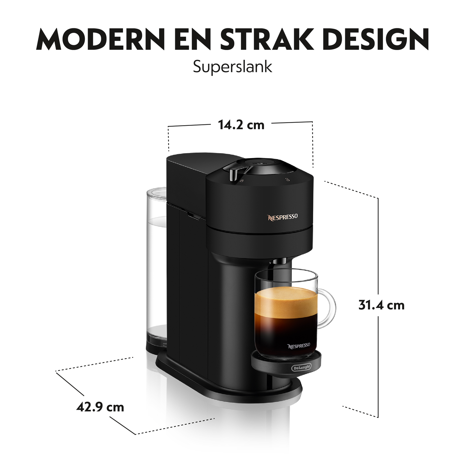 Black Nespresso machine with a glass of coffee and measurement labels.