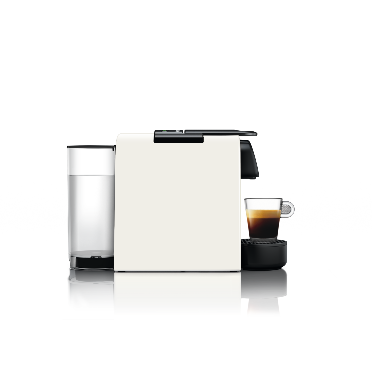 White and black espresso machine with a glass of coffee. A glass water tank stands left.