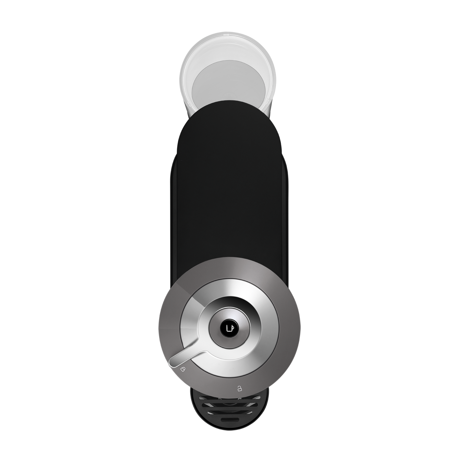 Bovenaanzicht van een zwarte Nespresso-machine.