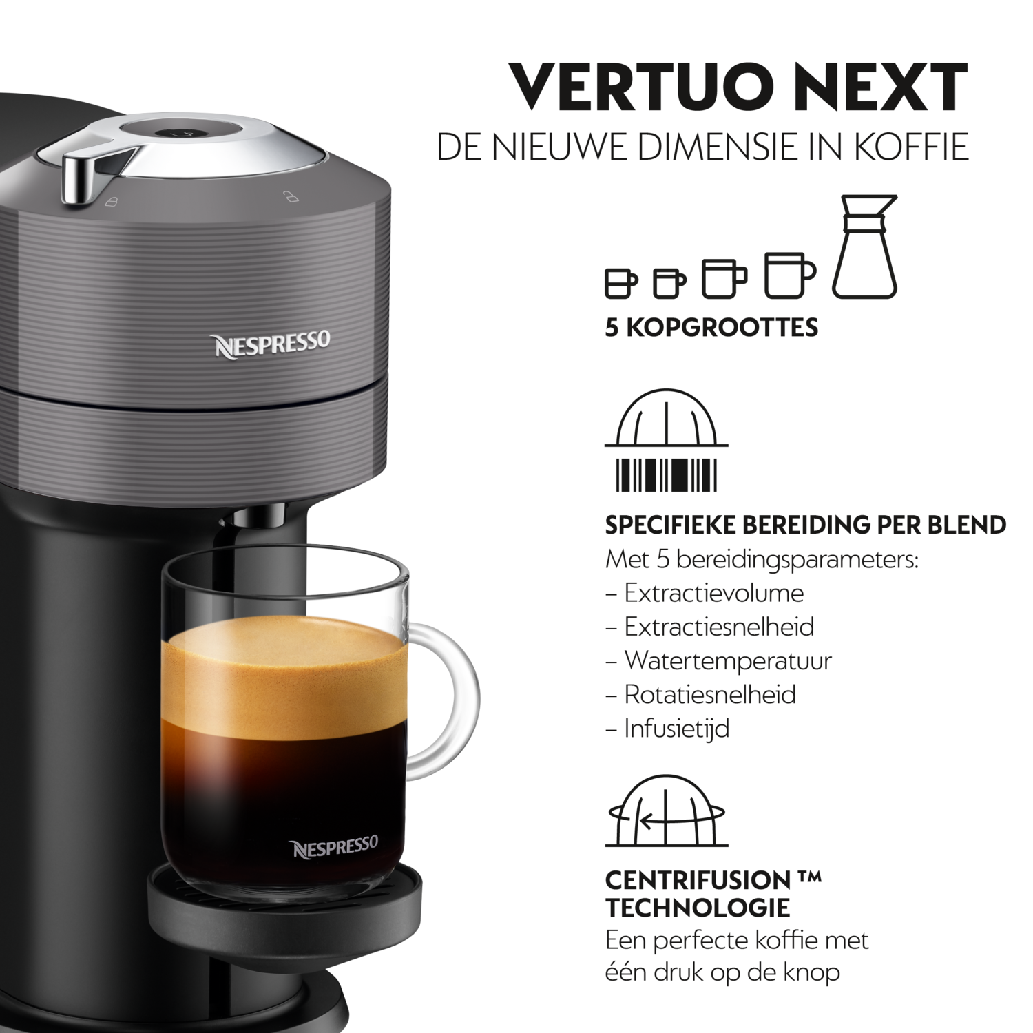 Nespresso Vertuo Next koffiemachine met een glas koffie en infographics over de functies.