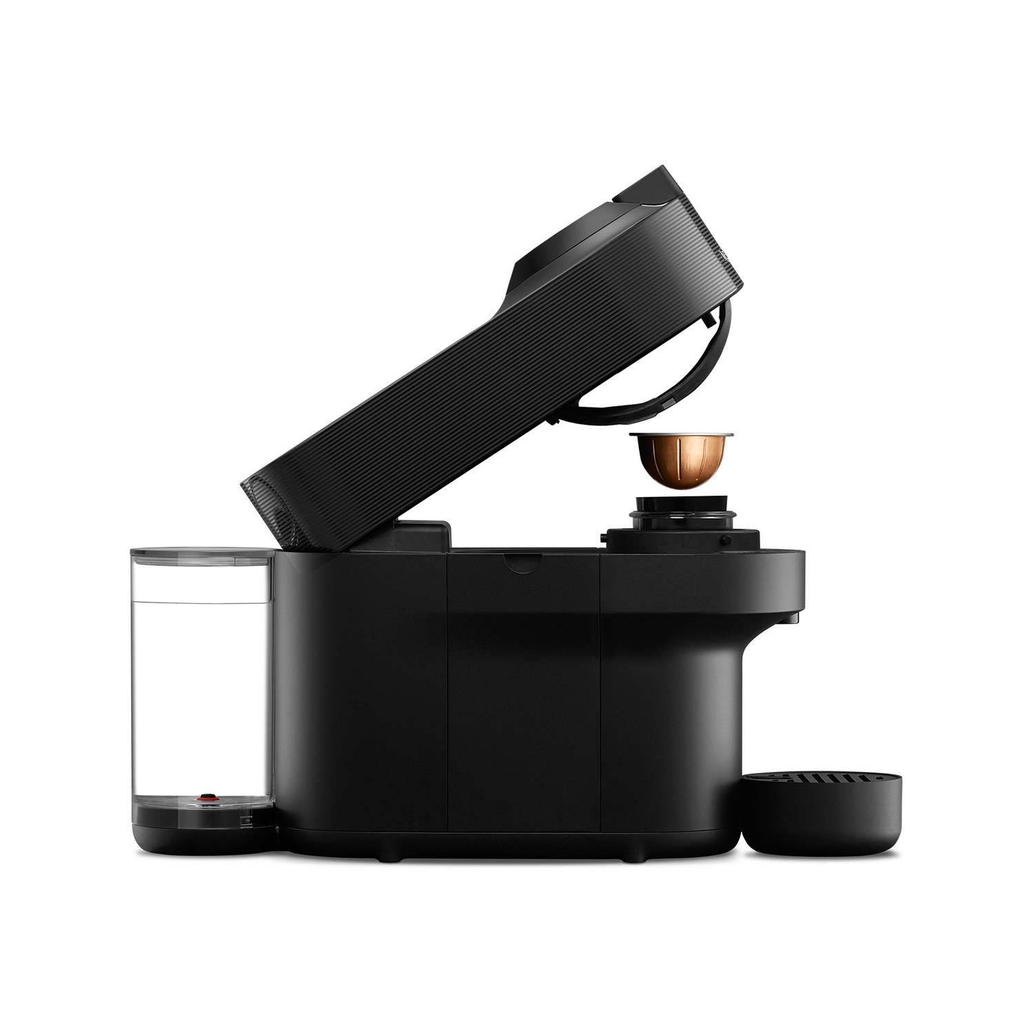 Black coffee machine with a transparent water container and a coffee pod.