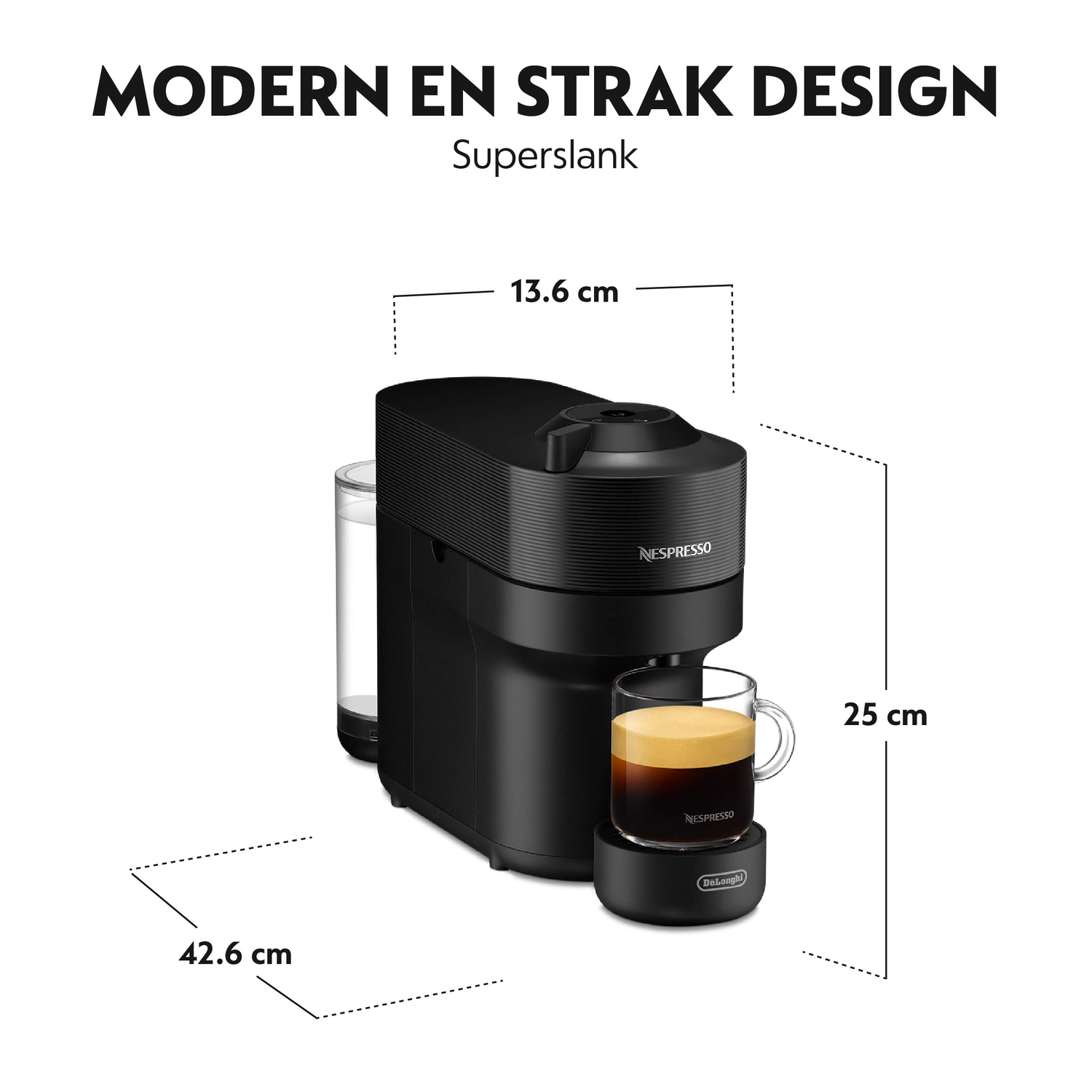 A black Nespresso machine with a glass of coffee and dimensions.