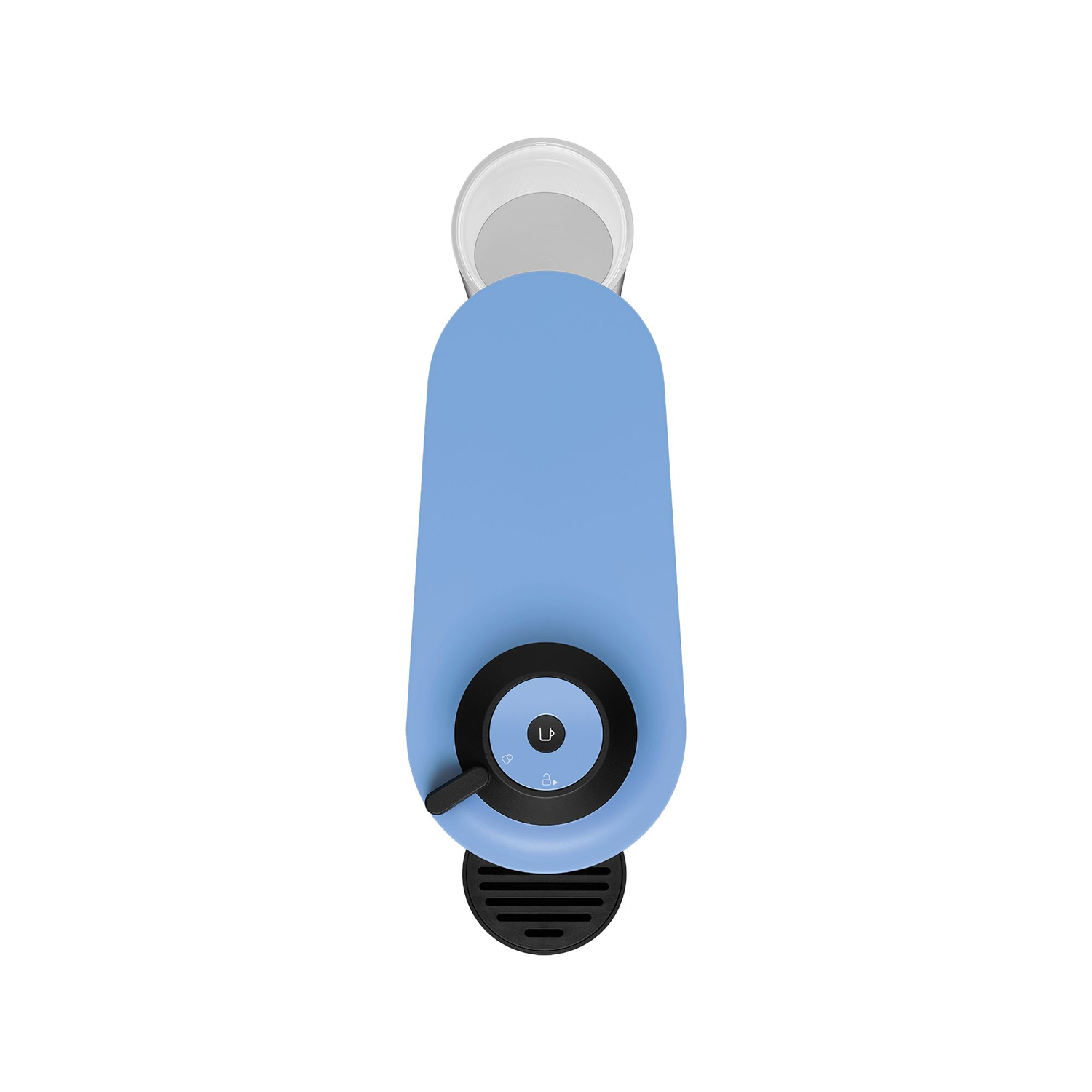 Bovenaanzicht van een blauw koffiezetapparaat. Zwarte basis met een zwarte draaiknop en een glazen beker.