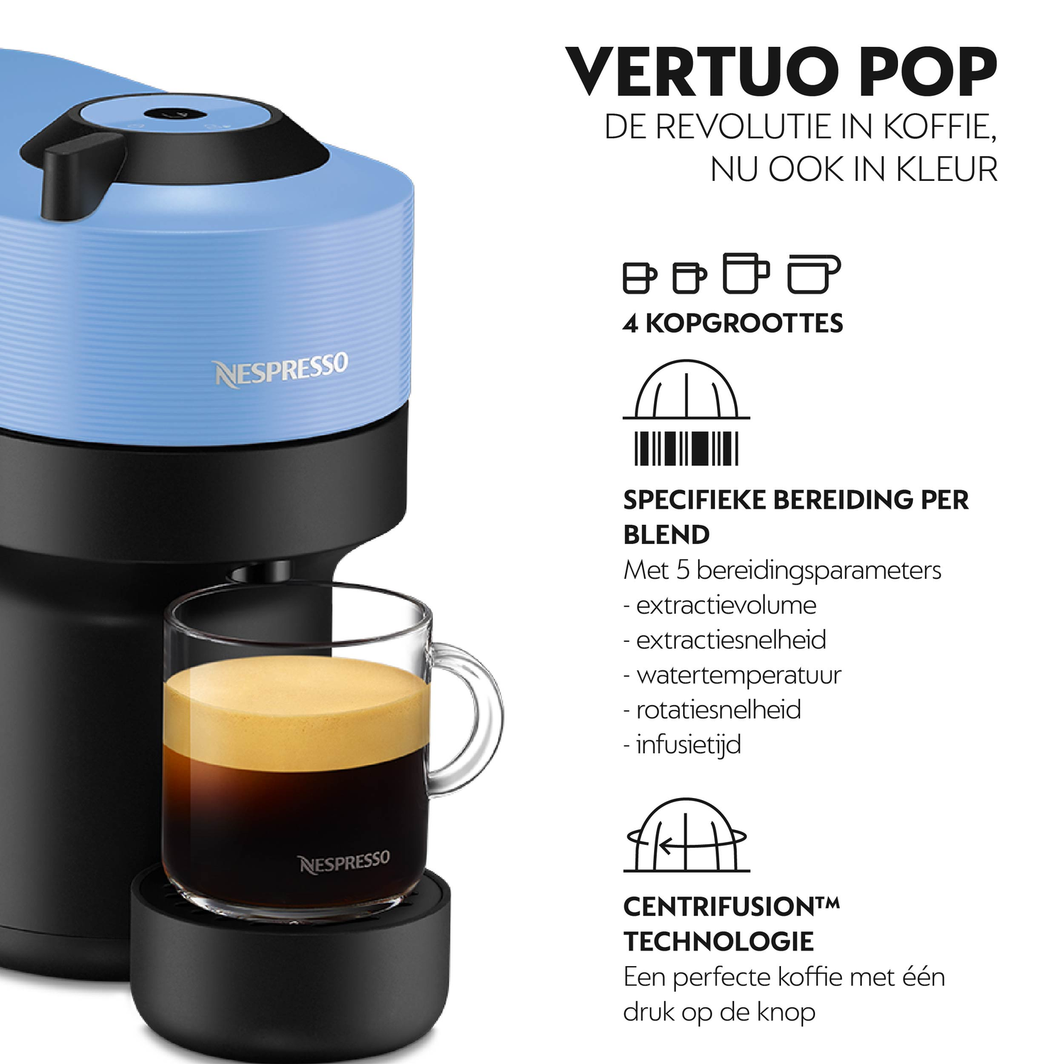 Blauwe en zwarte Vertuo Pop machine met koffie in een glas. Tekst: Vertuo Pop.
