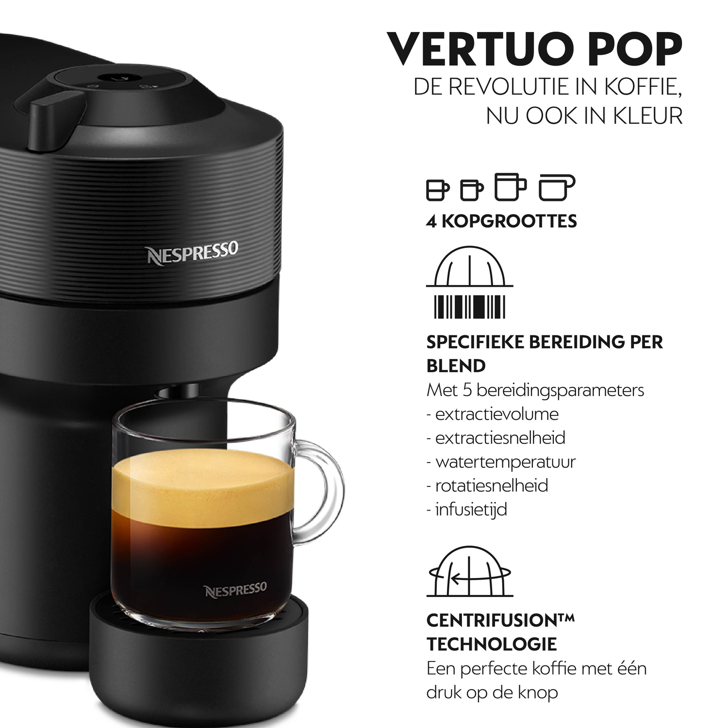 Zwarte Nespresso Vertuo Pop koffiemachine met een kopje koffie en tekst.