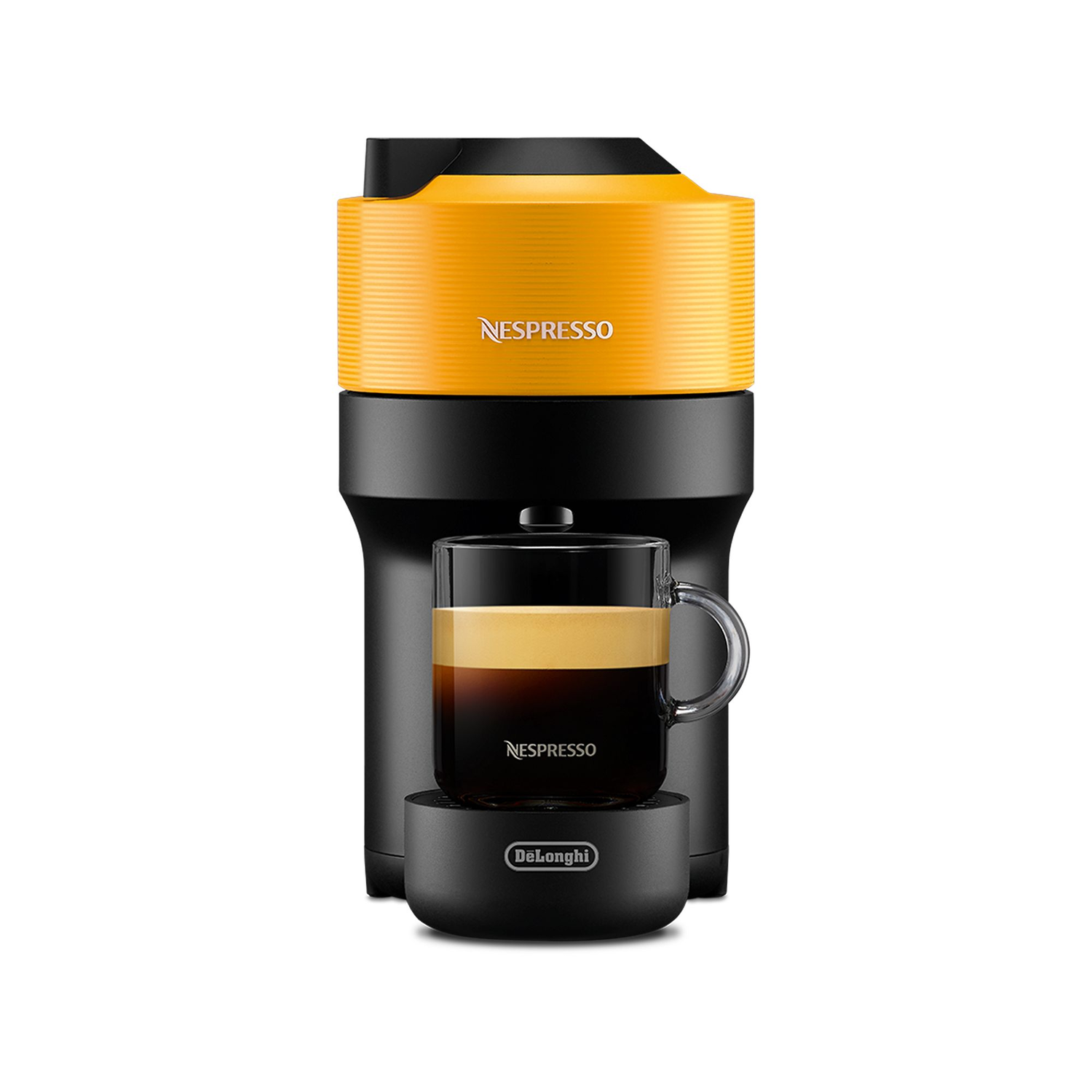 Geel-zwarte Nespresso-machine met een glas koffie.