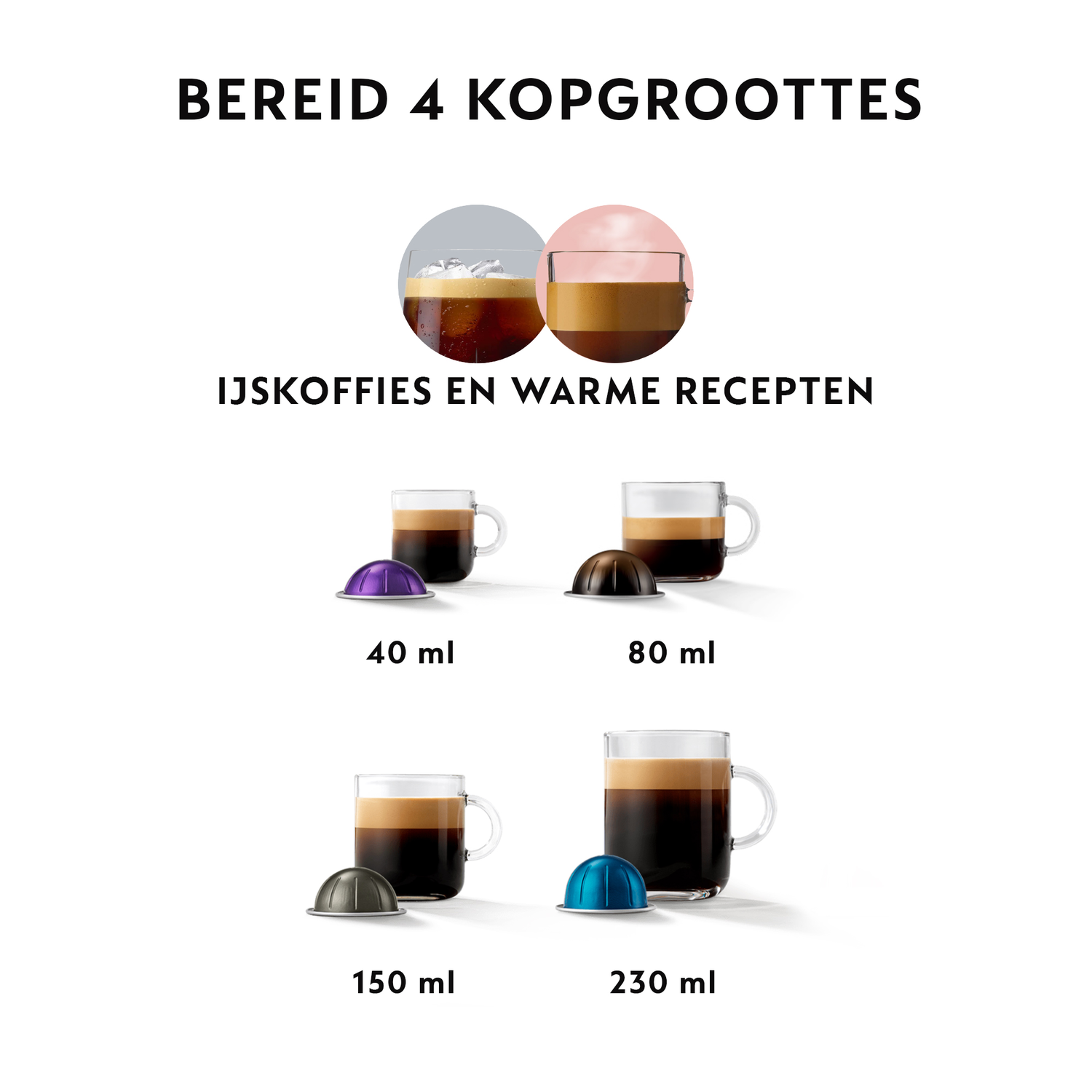 Een afbeelding met vier koffiekopmaten, met capsules. Tekst zegt: 'Bereid 4 kopmaten'.