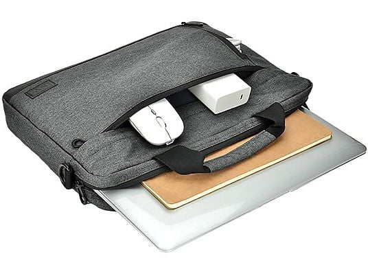 Otwarta szara torba na laptopa z laptopem, tabletem, myszką i ładowarką w środku.
