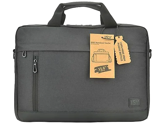 Ciemnoszara torba na laptopa z etykietą 'RPET Notebook Tasche' i 'Made from plastic bottles'.