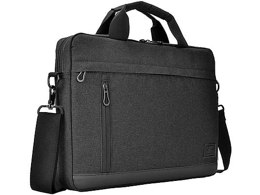 Czarna teczka z uchwytem i paskiem na ramię. Widoczna kieszeń z przodu na zamek błyskawiczny.