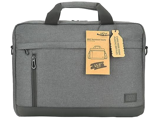 Szara torba na laptopa z przednią kieszenią i uchwytem. Etykieta mówi 'I was made from plastic bottles'.