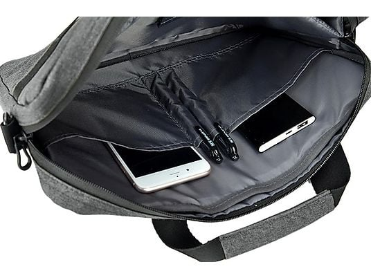 Wnętrze szarej teczki z telefonem, długopisami i telefonem.