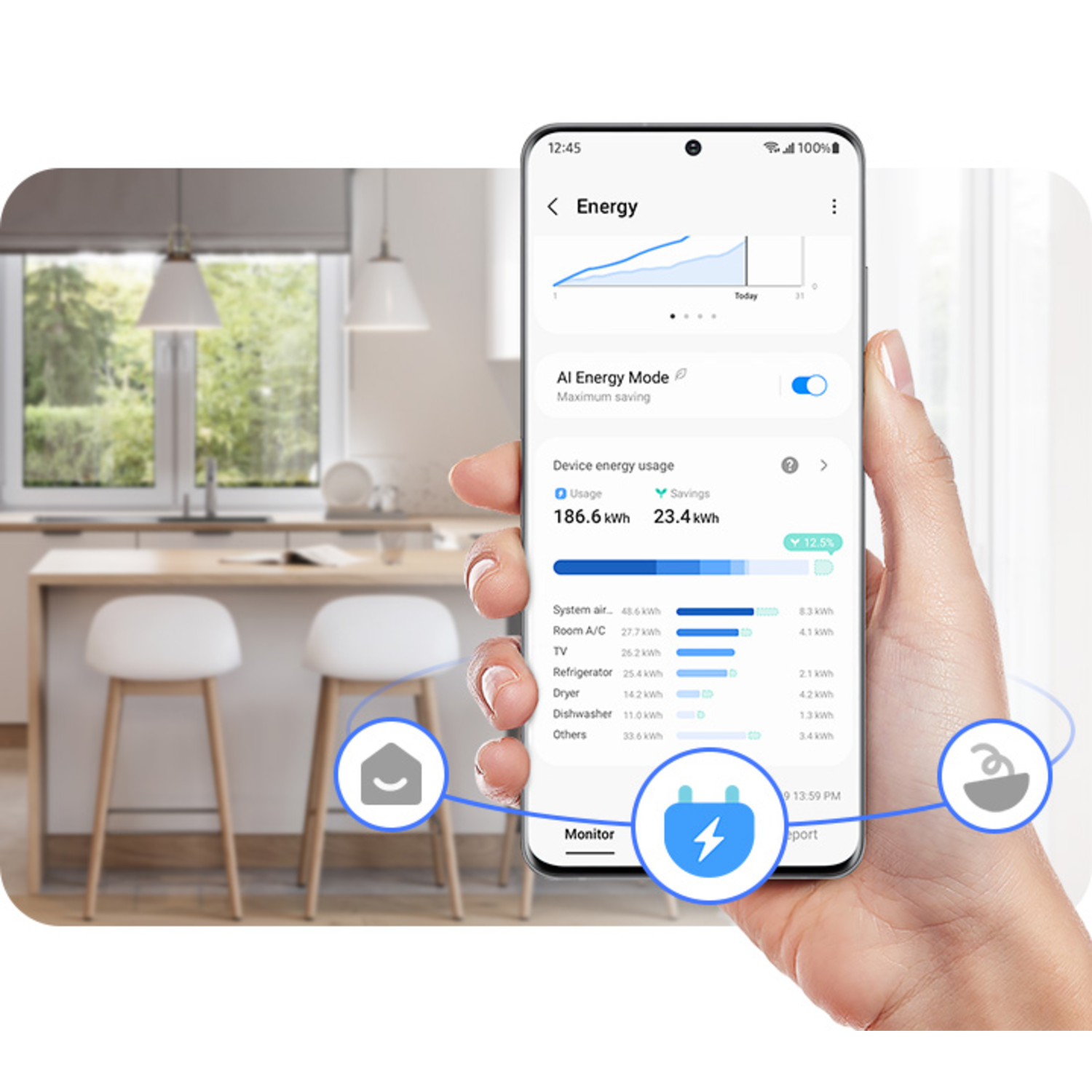 Een hand die een telefoon vasthoudt, met een scherm met gegevens over energieverbruik.