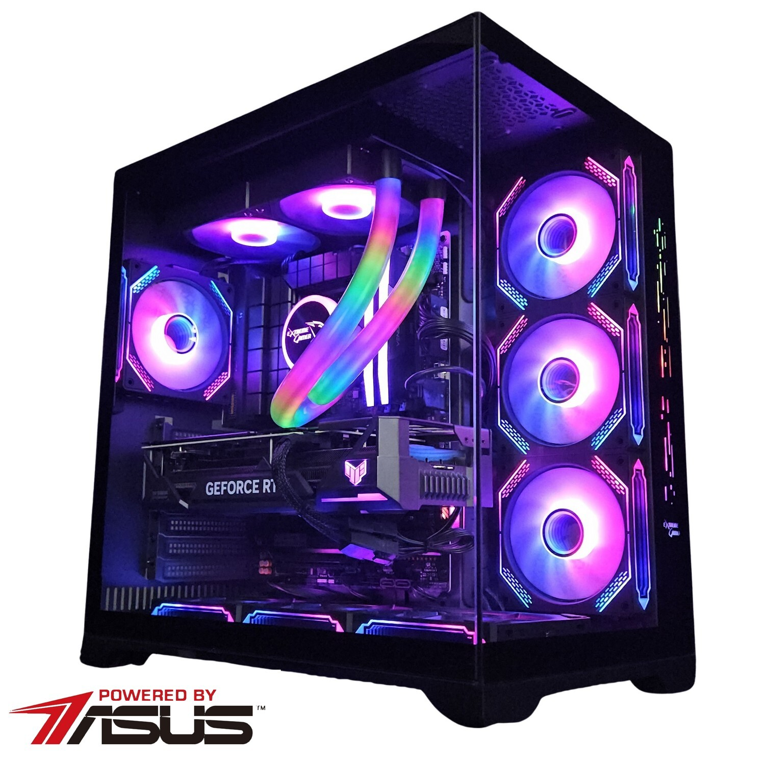 Een gaming PC-case met kleurrijke lichten en componenten, aangedreven door Asus.