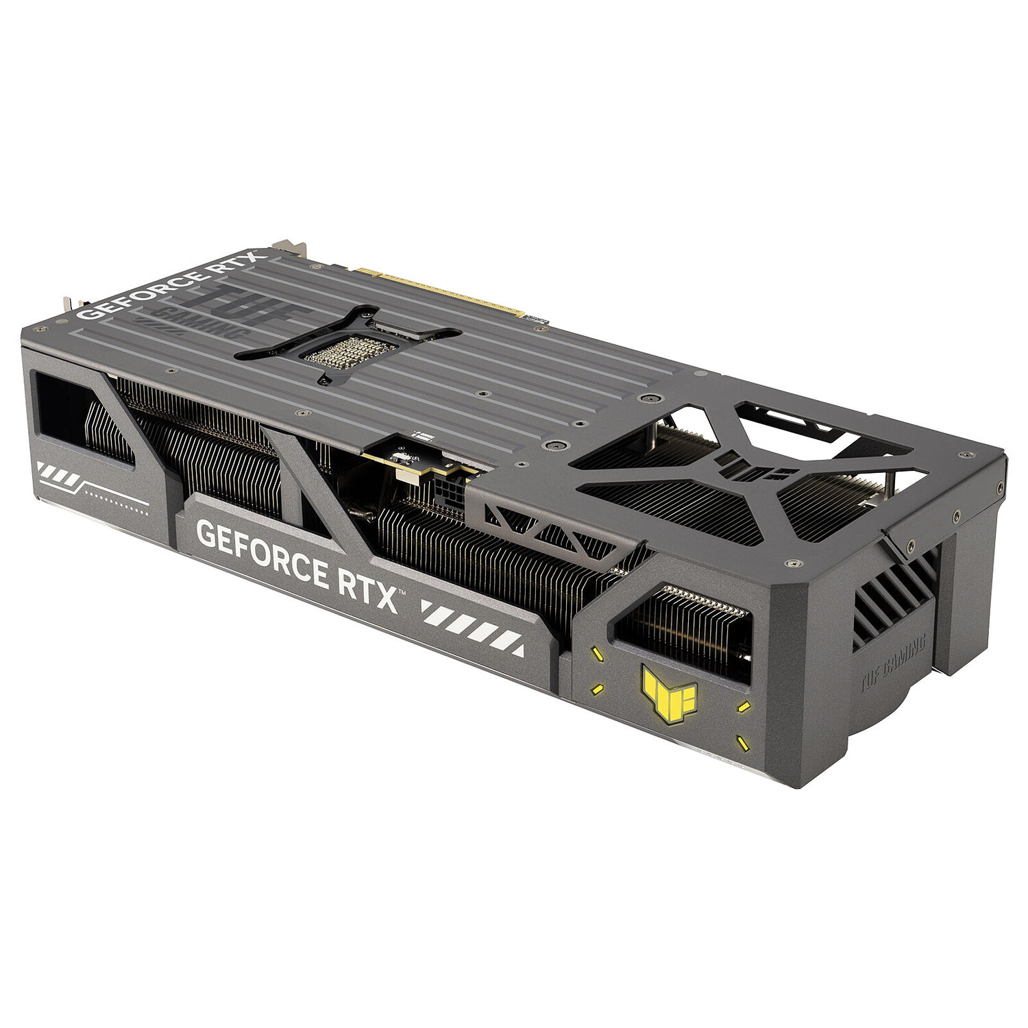 Een zwarte grafische kaart met de woorden GeForce RTX erop.