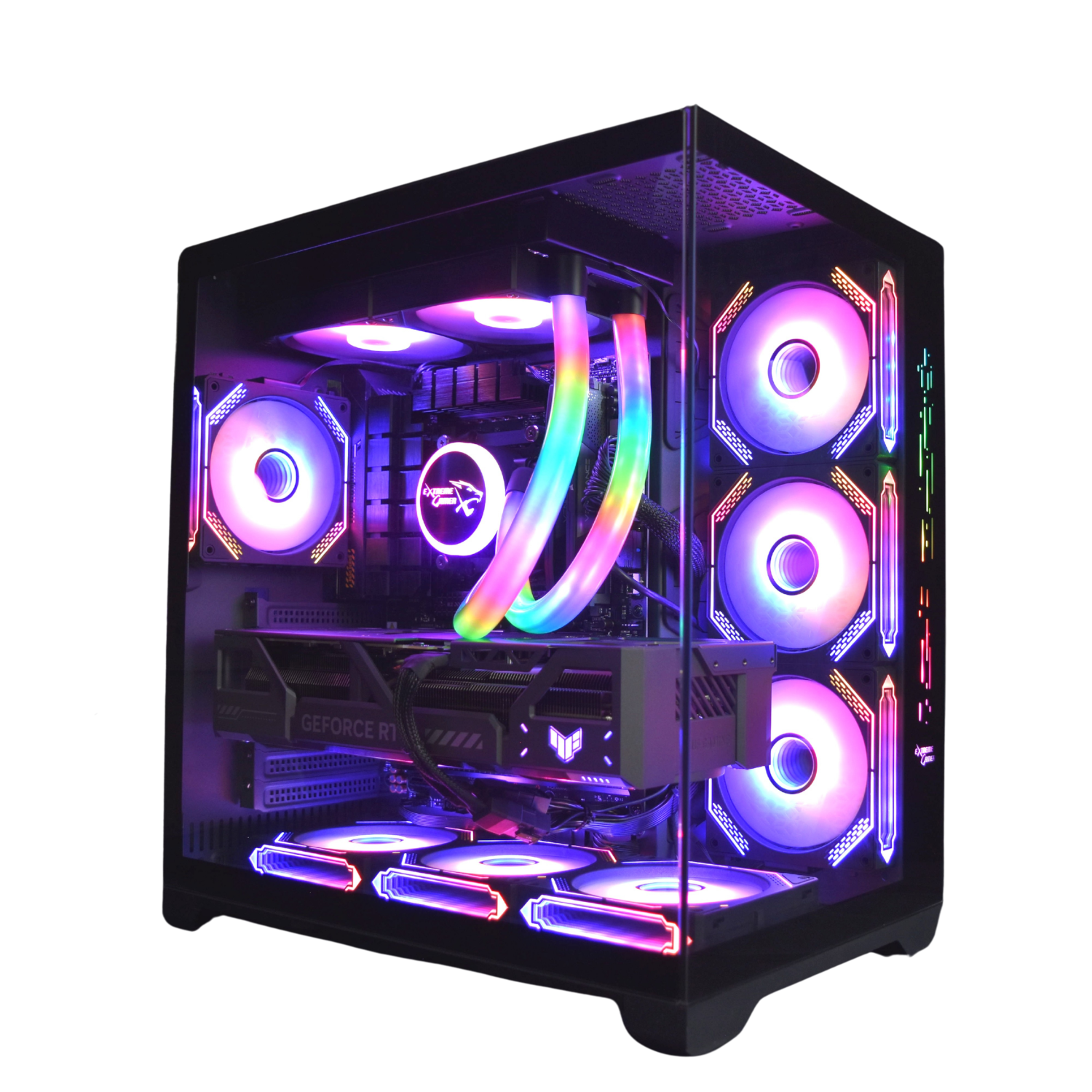 Een desktopcomputer met kleurrijke lichten, ventilatoren en een vloeistofkoelsysteem in een glazen behuizing.
