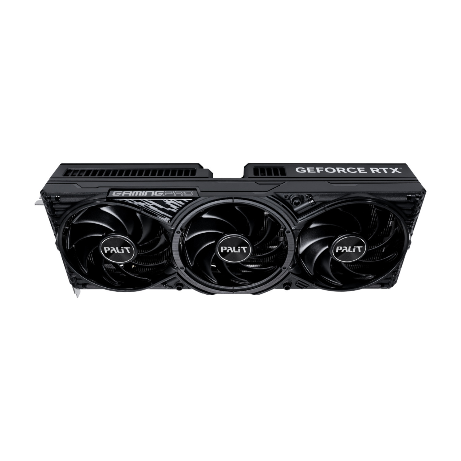 Zwarte Palit GeForce RTX grafische kaart, met drie ventilatoren, van bovenaf gezien.