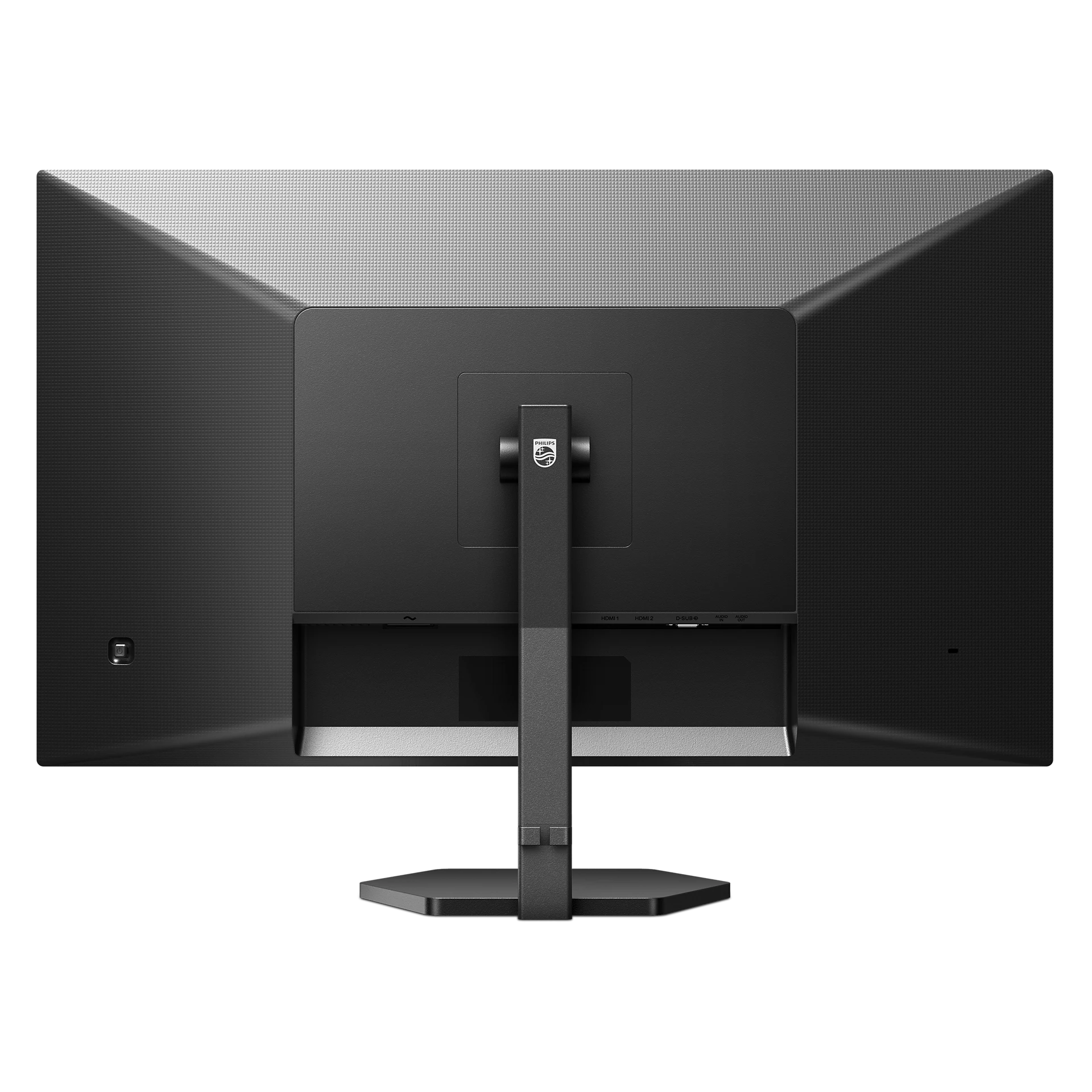 Vista trasera de un monitor Philips negro, mostrando puertos, soporte y superficie texturizada. El área de la pantalla es gris.