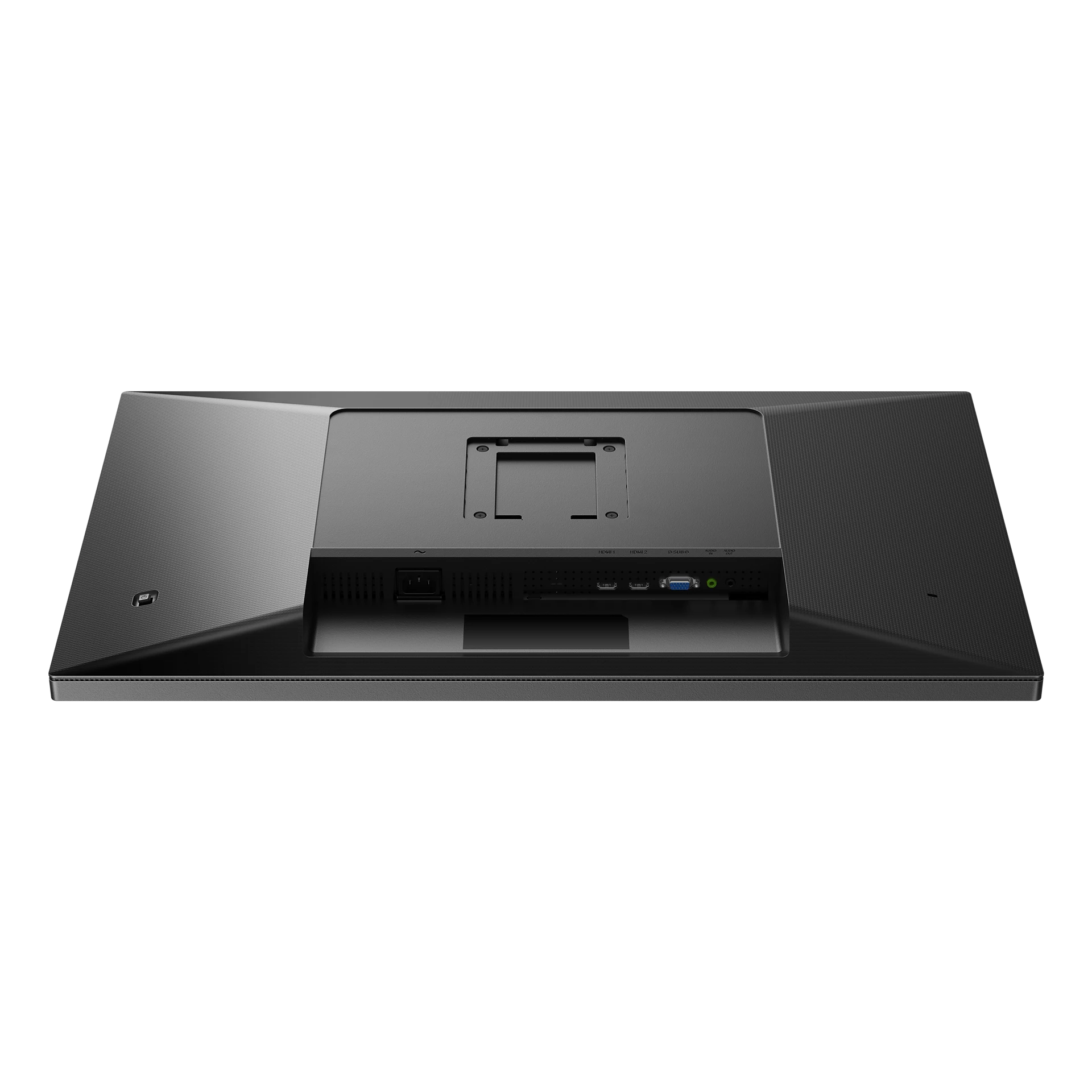Vista trasera de un monitor de ordenador negro. Tiene puertos para alimentación, HDMI, D-Sub y audio. La superficie es texturizada.