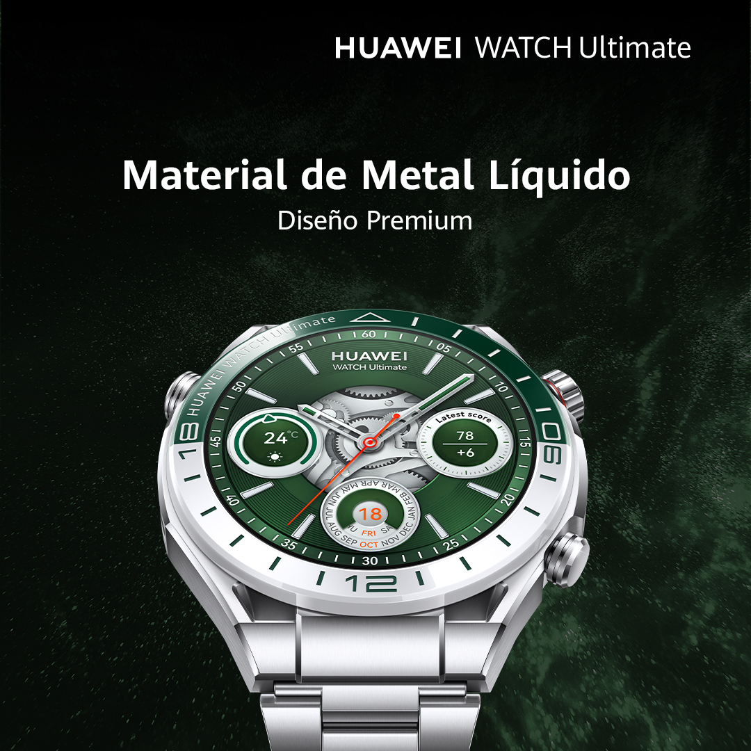 Huawei Watch Ultimate, reloj inteligente verde y plateado, primer plano.
