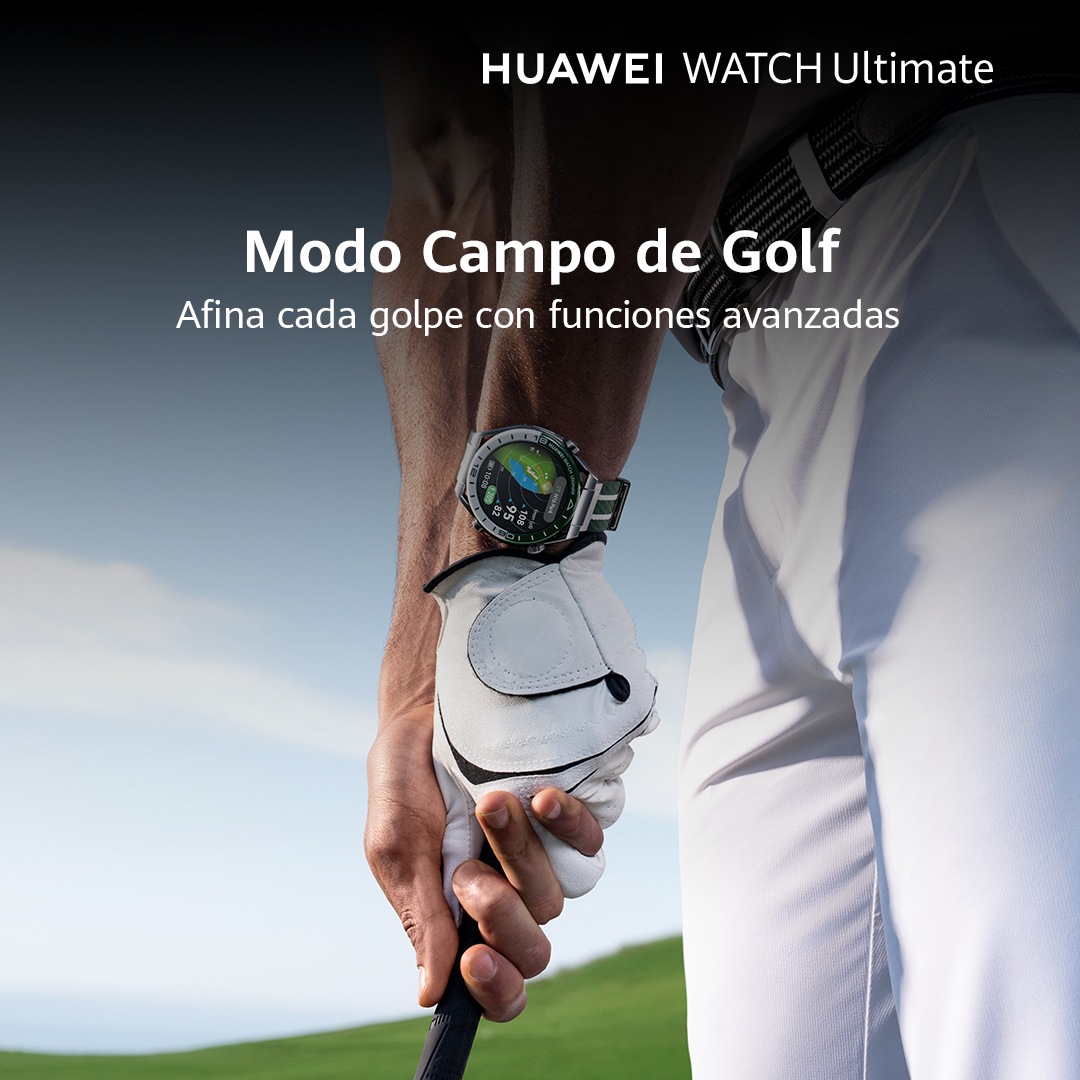 Una persona con guante de golf sosteniendo un palo de golf, con un Huawei Watch Ultimate en la muñeca.