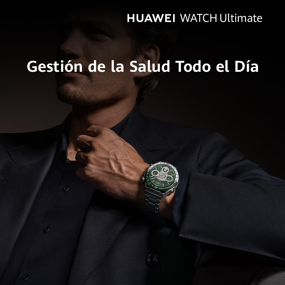 Un hombre usando un reloj, el texto en español dice "Gestión de la salud todo el día".