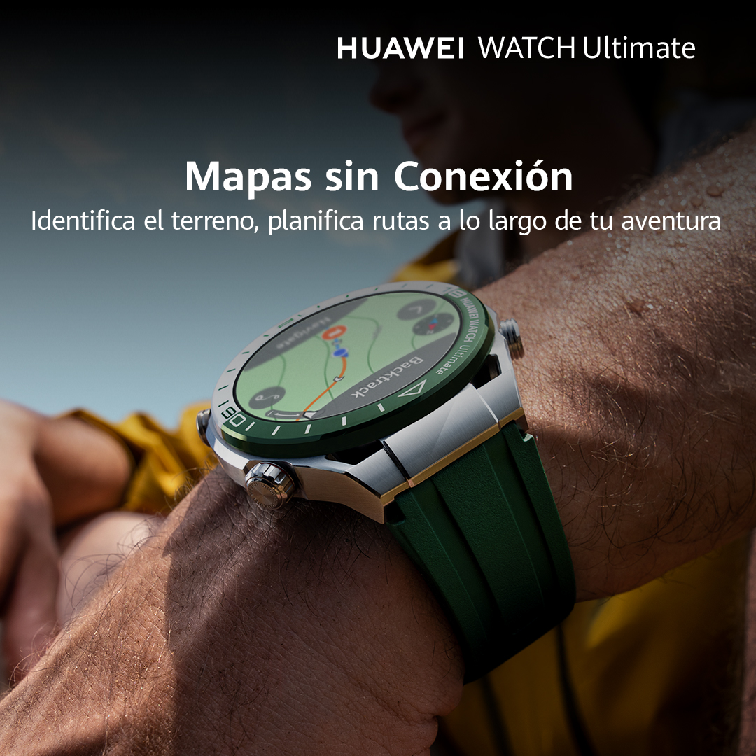 Muñeca de hombre con reloj inteligente. Texto: HUAWEI WATCH Ultimate. Pantalla de mapa.