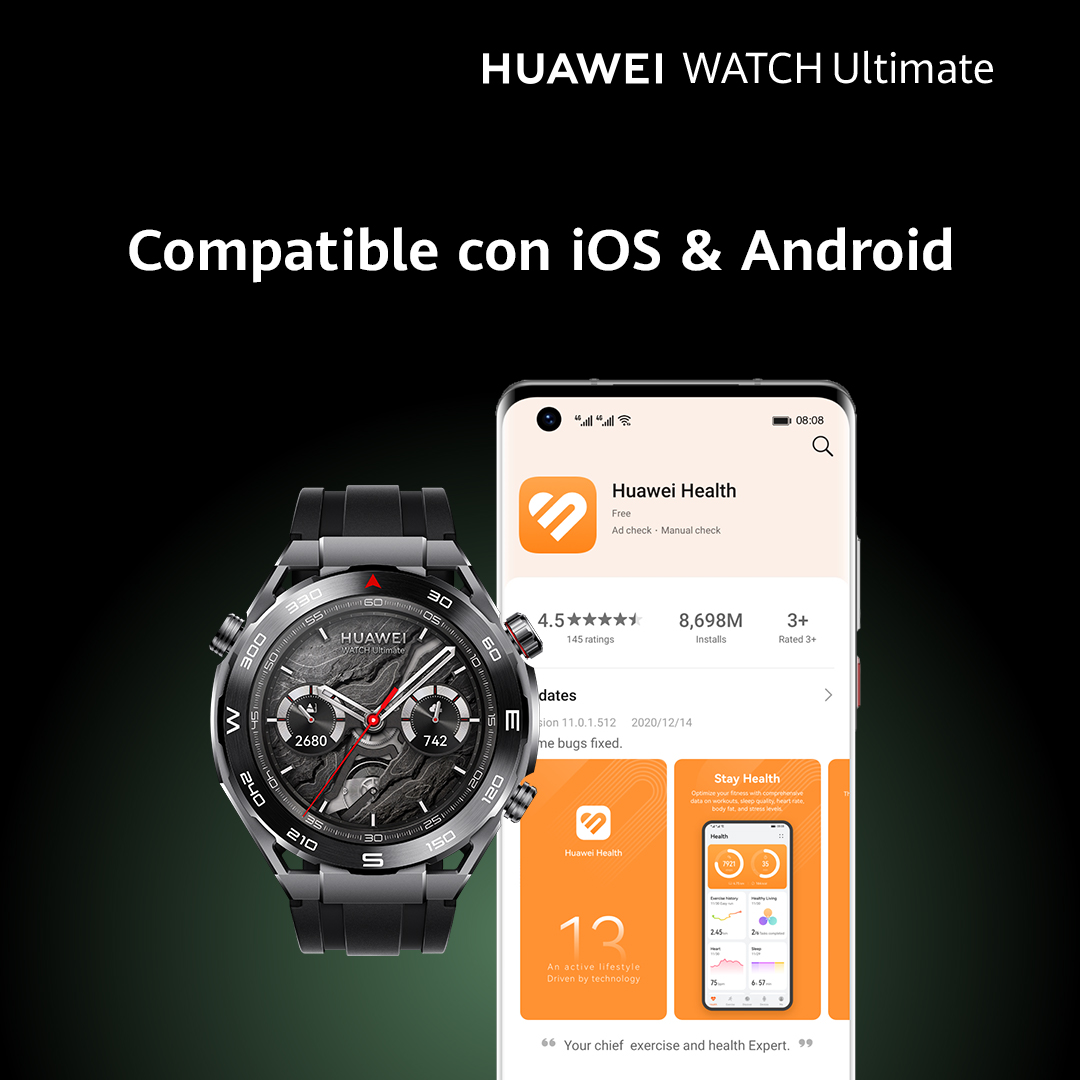 Smartwatch junto a un teléfono que muestra la aplicación Huawei Health, sobre un fondo negro con texto.