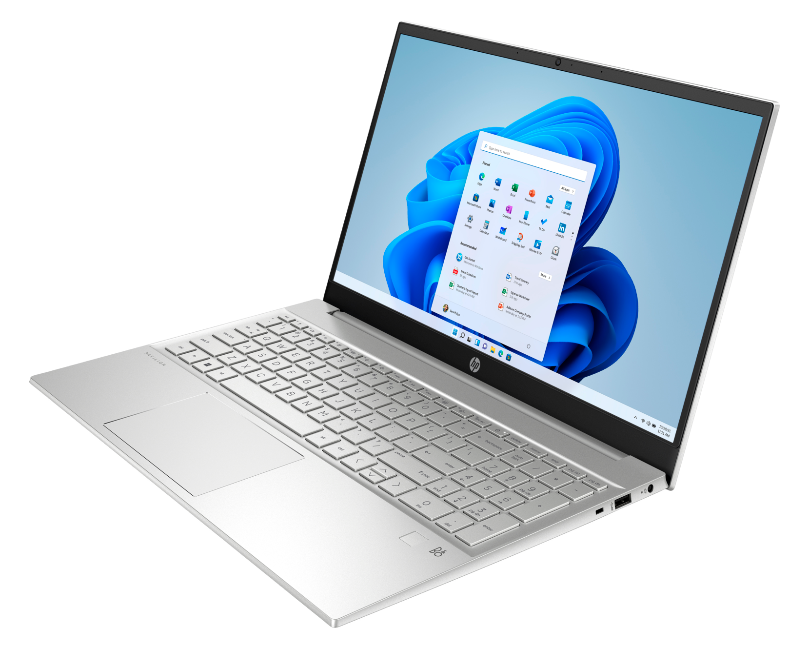 Srebrny laptop z ekranem pokazującym interfejs Windows, na białej powierzchni.